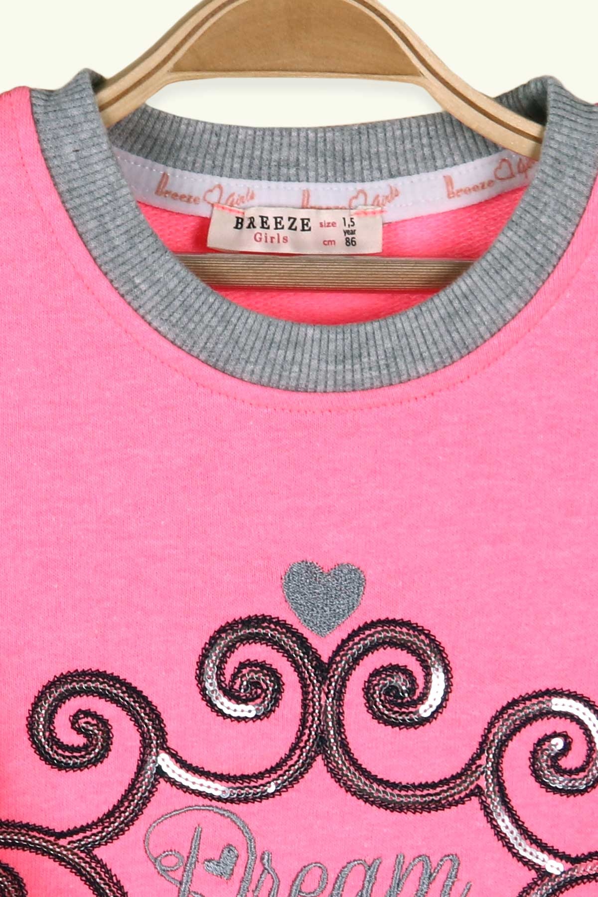 Breeze Kız Çocuk Sweatshirt Pullu Nakışlı Desenli Neon Pembe (1.5-5 Yaş)