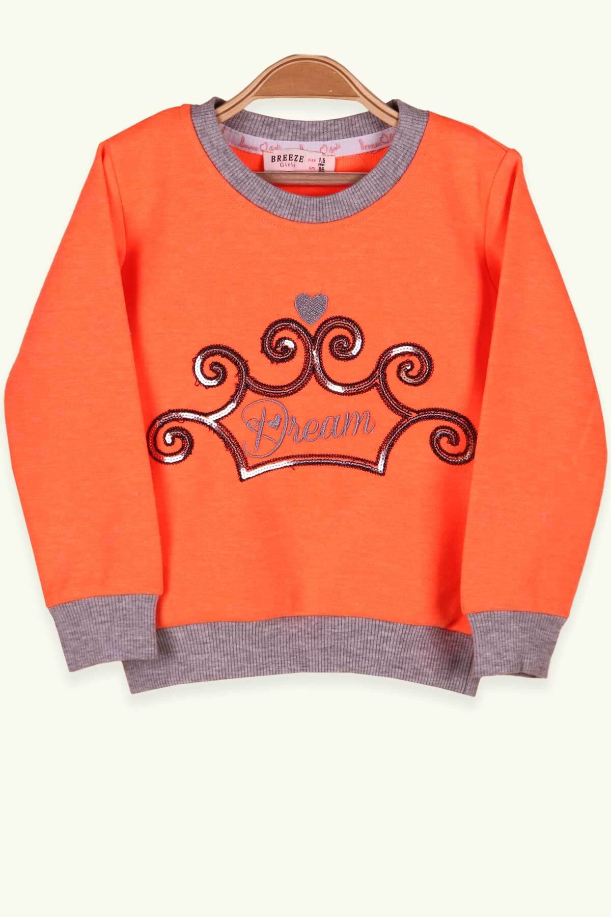 Breeze Kız Çocuk Sweatshirt Pullu Nakışlı Desenli Neon Turuncu (1.5-5 Yaş)