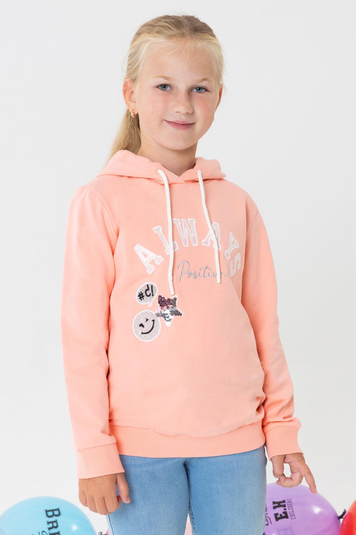 Breeze Kız Çocuk Sweatshirt Pullu Simli Gülenyüz Baskılı Somon (4-9 Yaş)