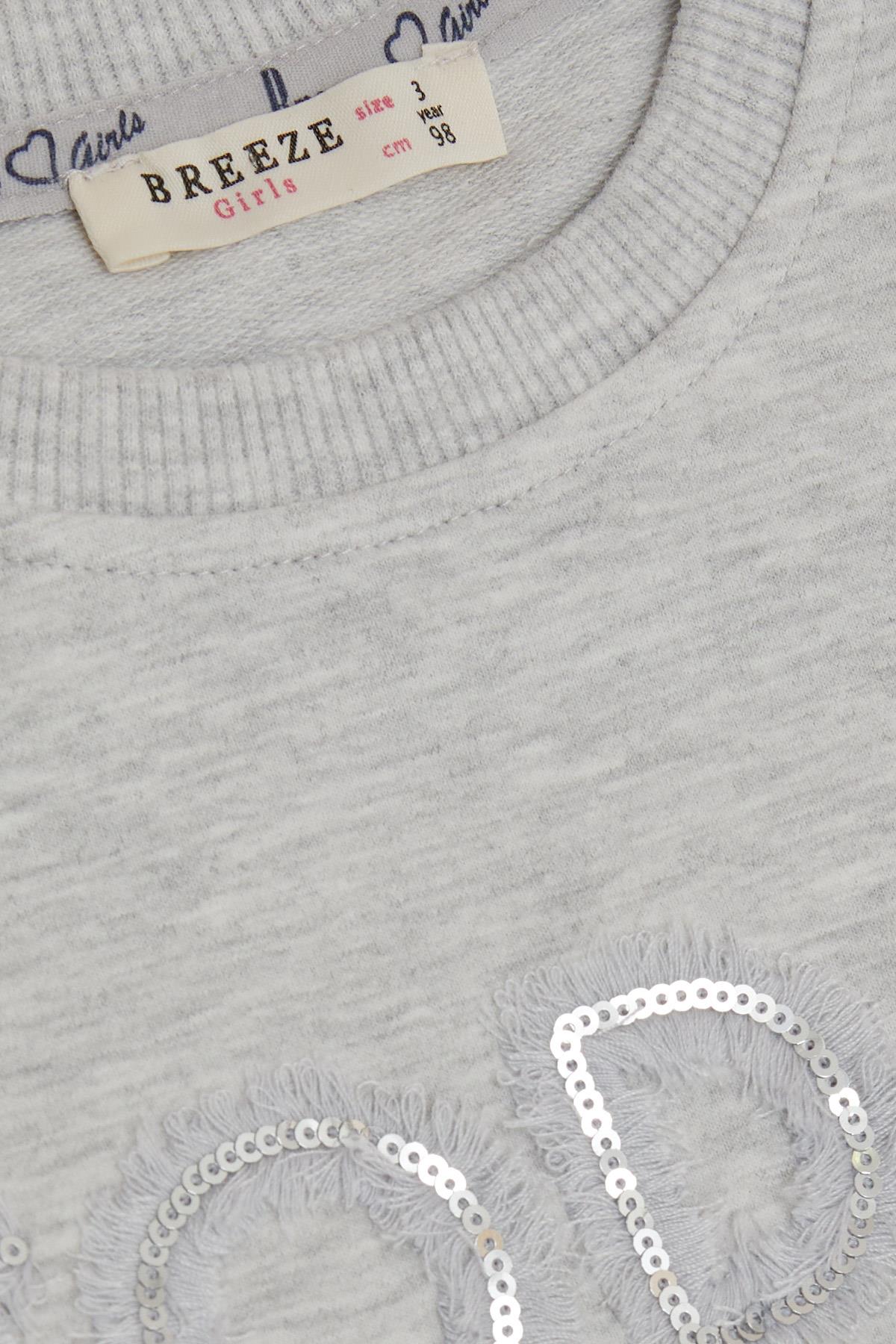 Breeze Kız Çocuk Sweatshirt Pullu Simli Yazı Baskılı Açık Gri Melanj (3-8 Yaş)