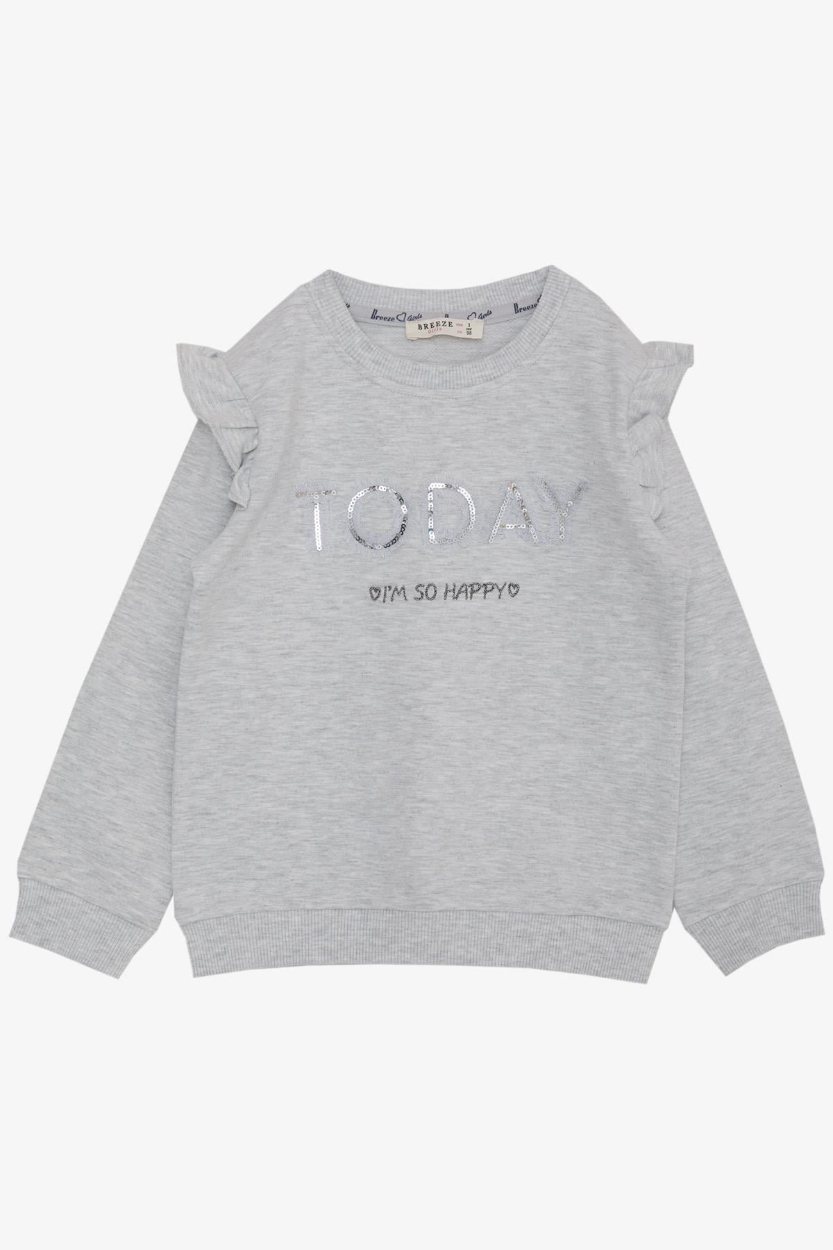Breeze Kız Çocuk Sweatshirt Pullu Simli Yazı Baskılı Açık Gri Melanj (3-8 Yaş)