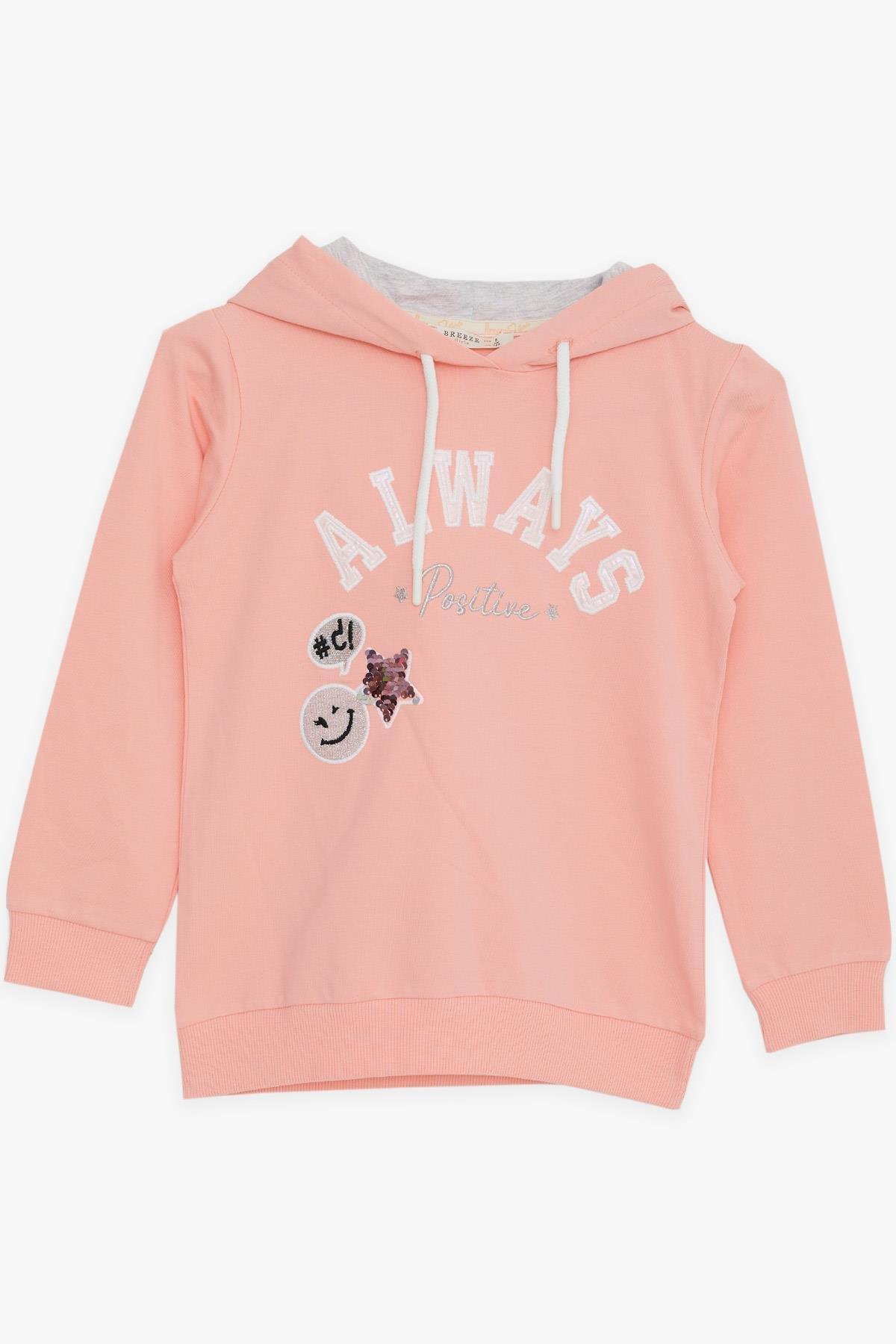 Breeze Kız Çocuk Sweatshirt Pullu Simli Gülenyüz Baskılı Somon (4-9 Yaş)