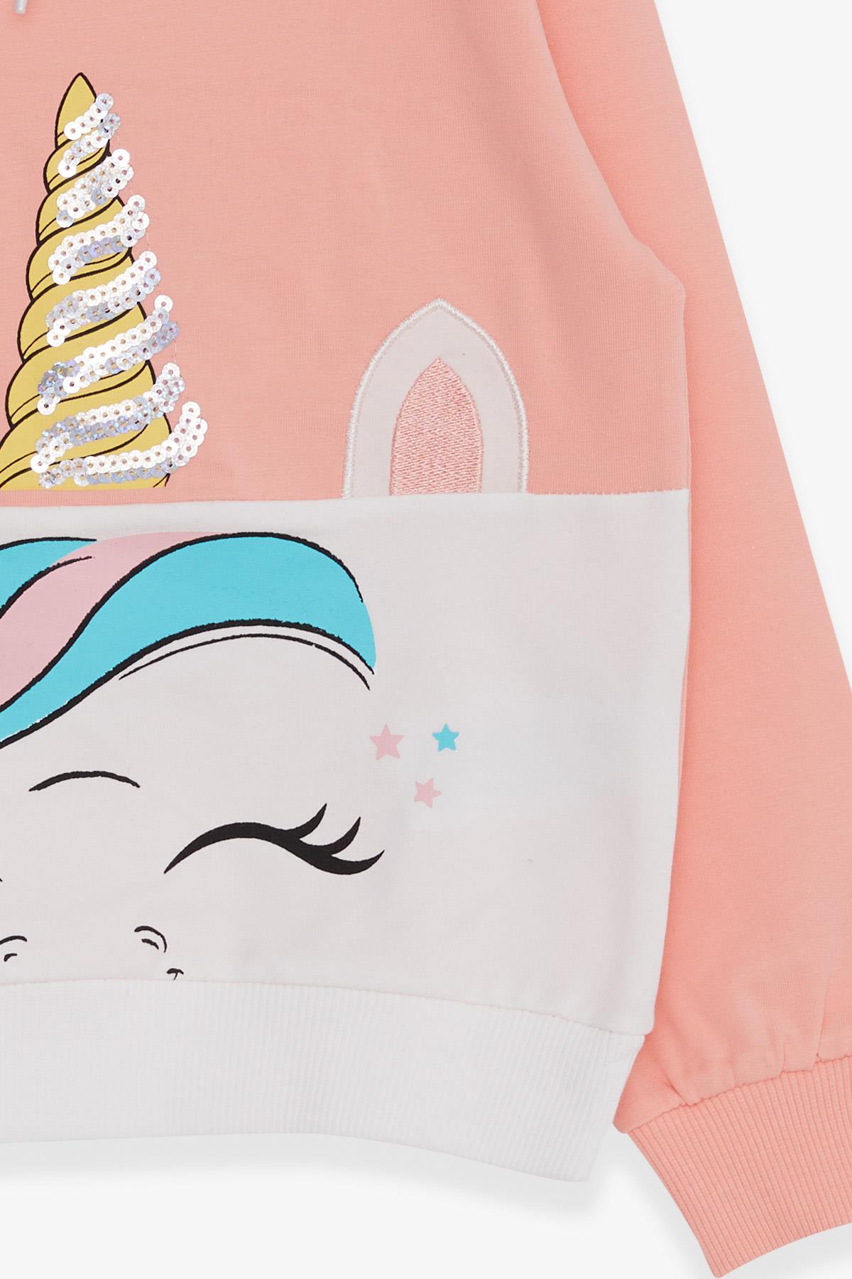 Breeze Kız Çocuk Sweatshirt Pullu Unicorn Baskılı Somon (3-8 Yaş)