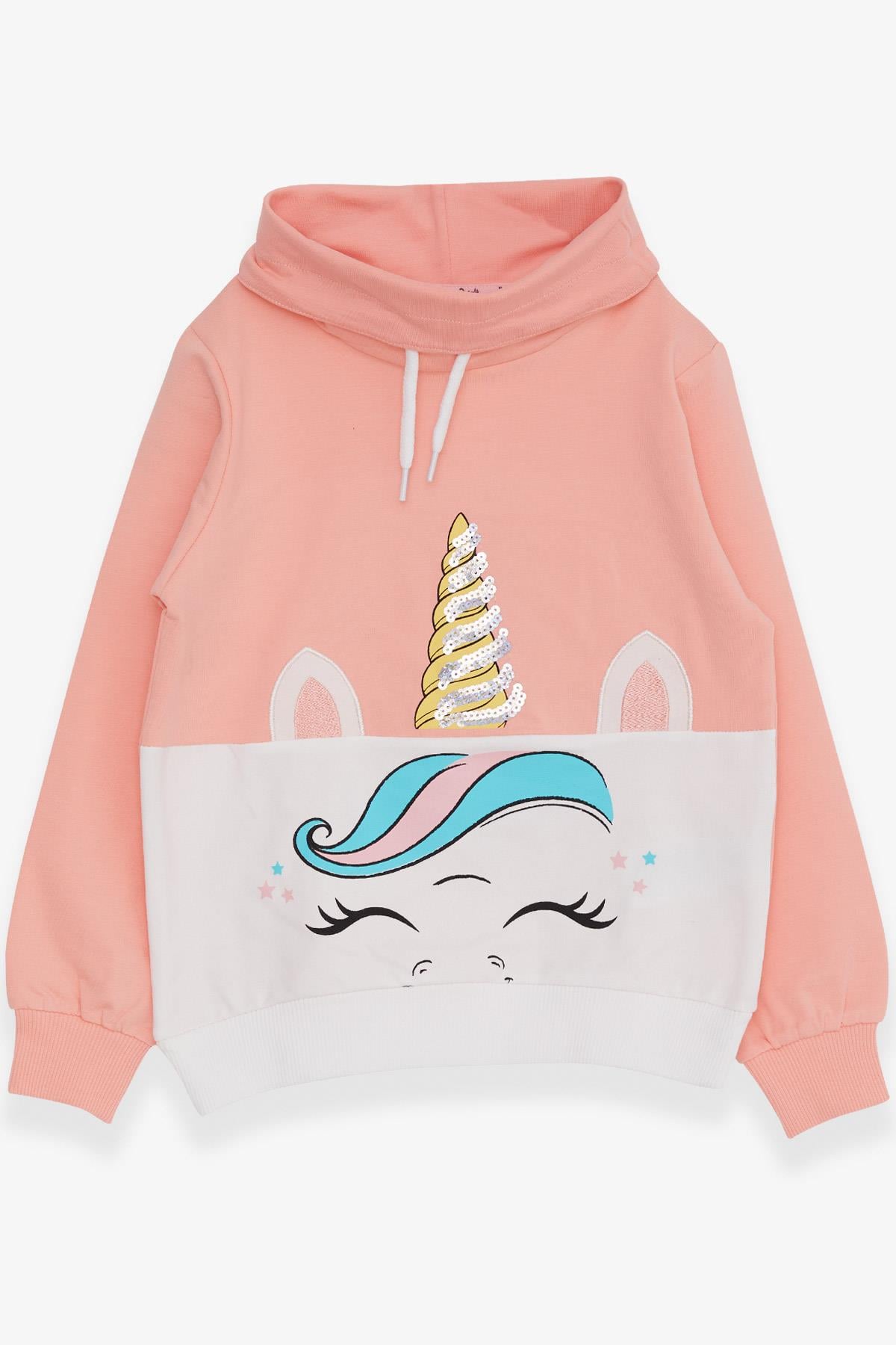 Breeze Kız Çocuk Sweatshirt Pullu Unicorn Baskılı Somon (3-8 Yaş)