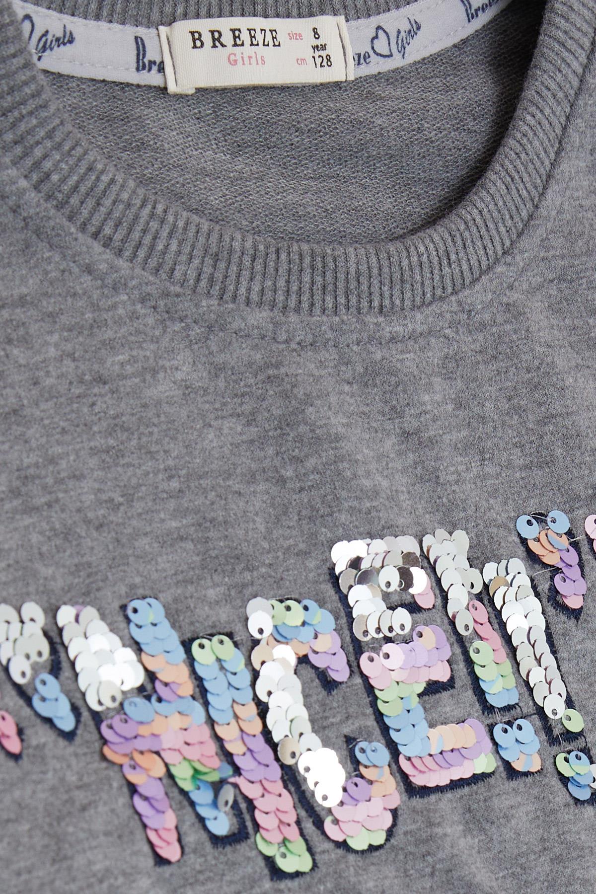 Breeze Kız Çocuk Sweatshirt Pullu Yazı Baskılı Koyu Gri Melanj (8-14 Yaş)