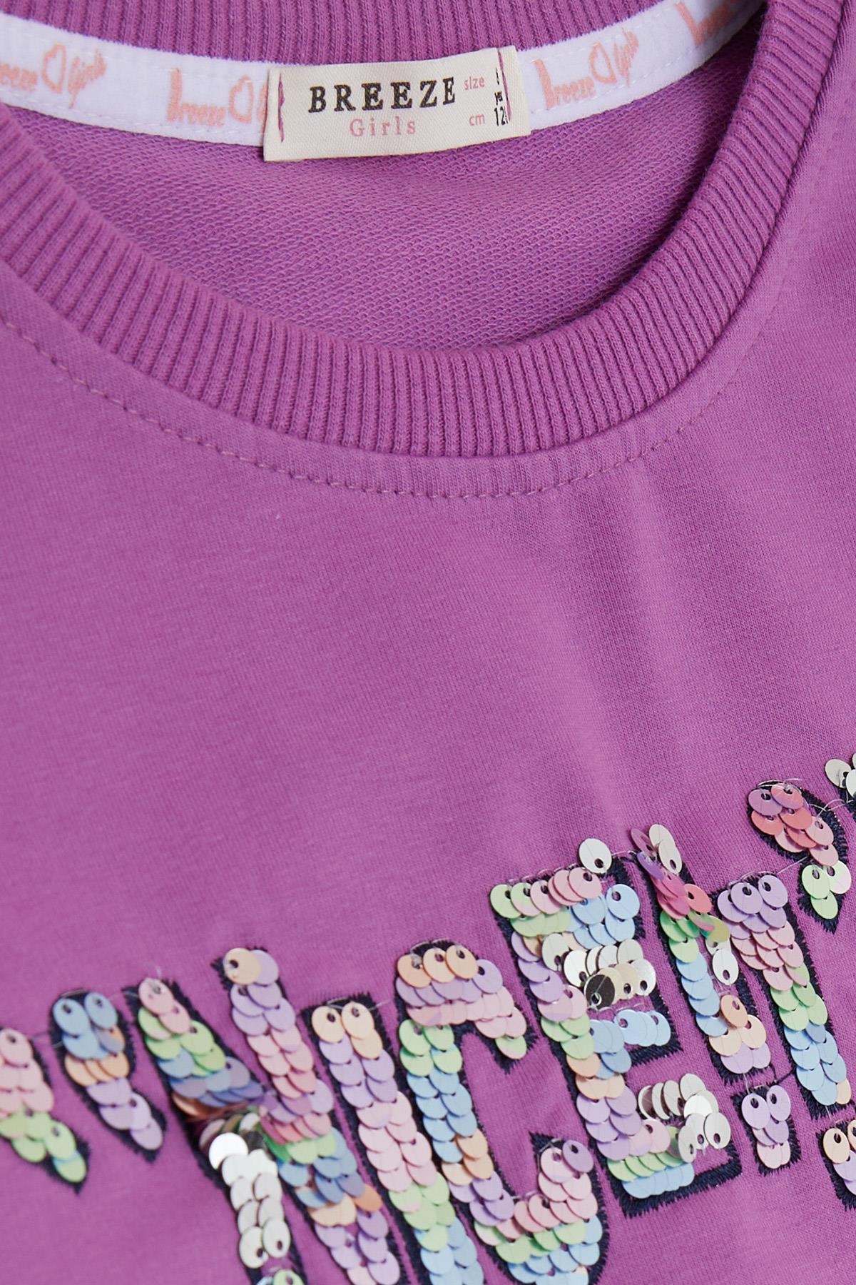 Breeze Kız Çocuk Sweatshirt Pullu Yazı Baskılı Eflatun (8-14 Yaş)