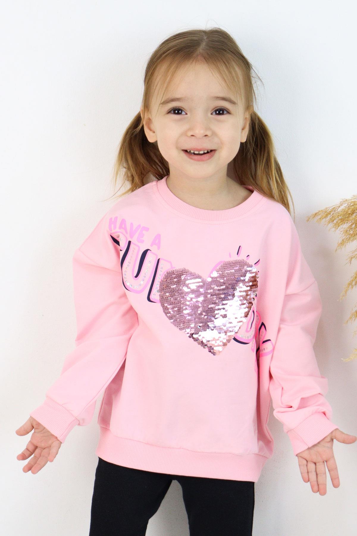 Breeze Kız Çocuk Sweatshirt Pullu Yazı Baskılı Pudra (4-5 Yaş)