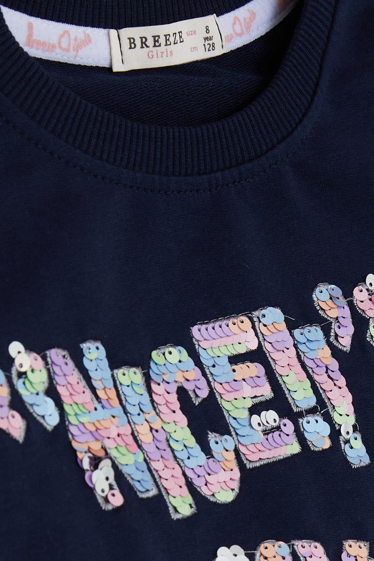 Breeze Kız Çocuk Sweatshirt Pullu Yazı Baskılı Lacivert (8-14 Yaş)