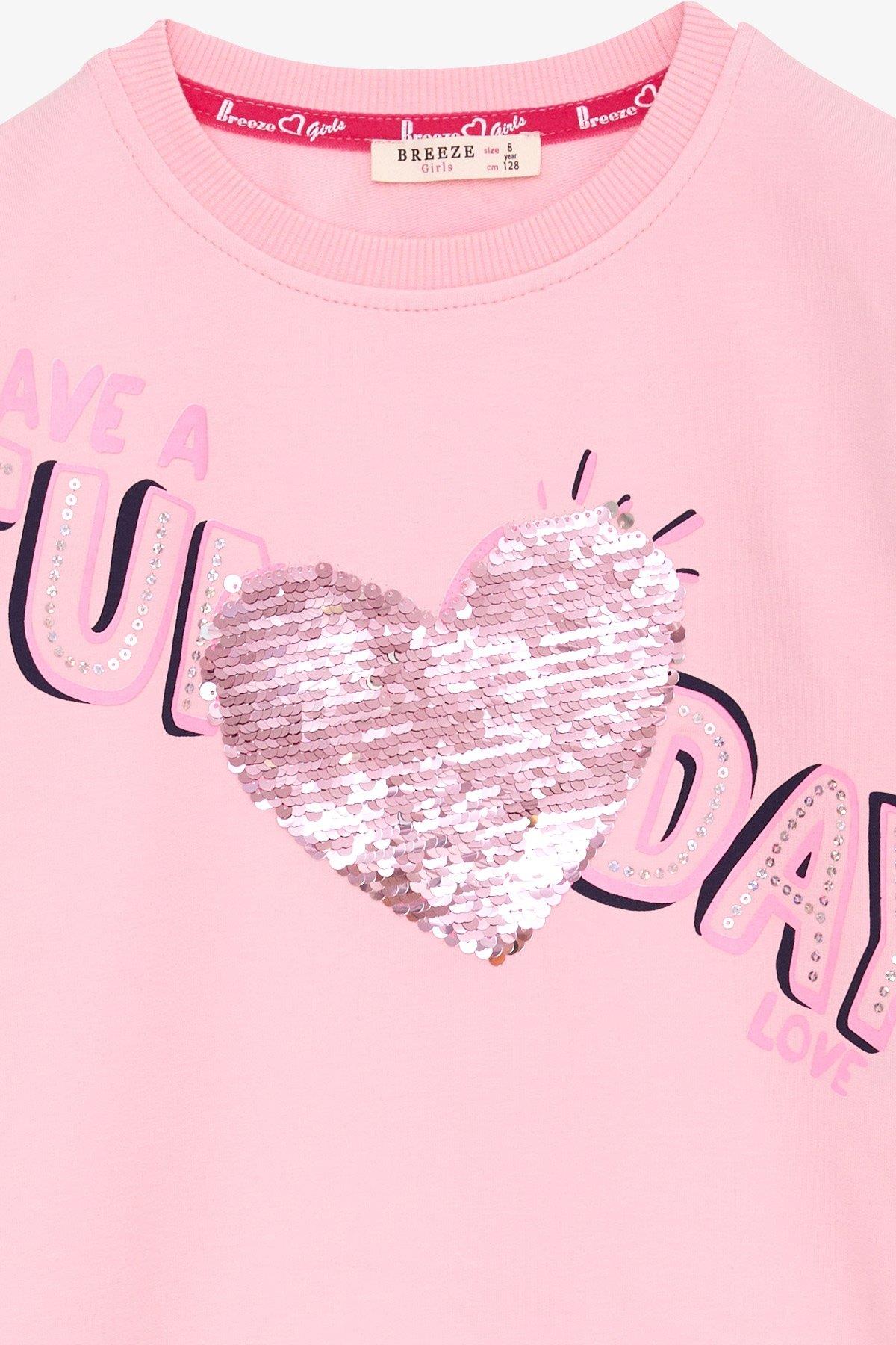 Breeze Kız Çocuk Sweatshirt Pullu Yazı Baskılı Pudra (4-5 Yaş)