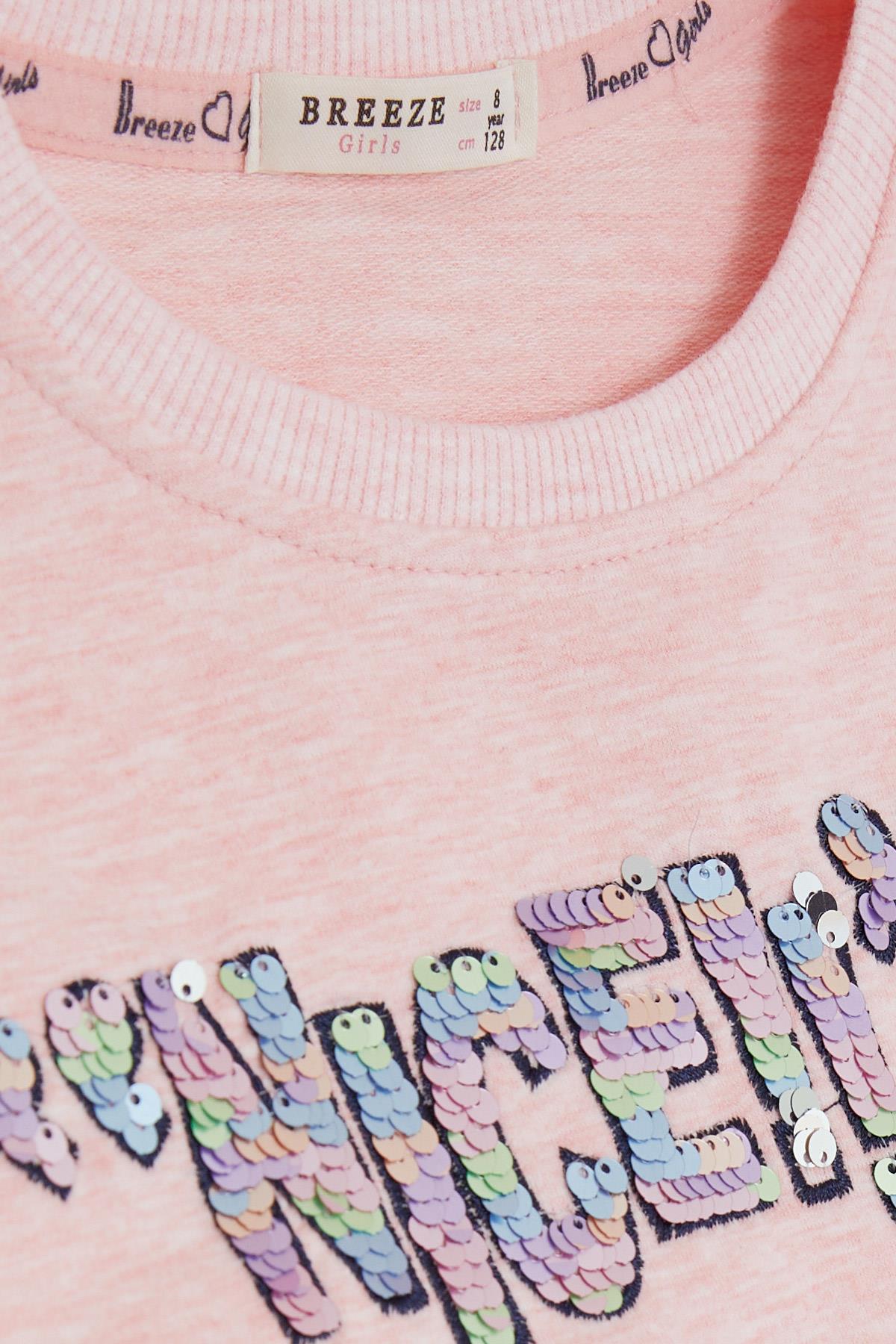 Breeze Kız Çocuk Sweatshirt Pullu Yazı Baskılı Somon Melanj (8-14 Yaş)