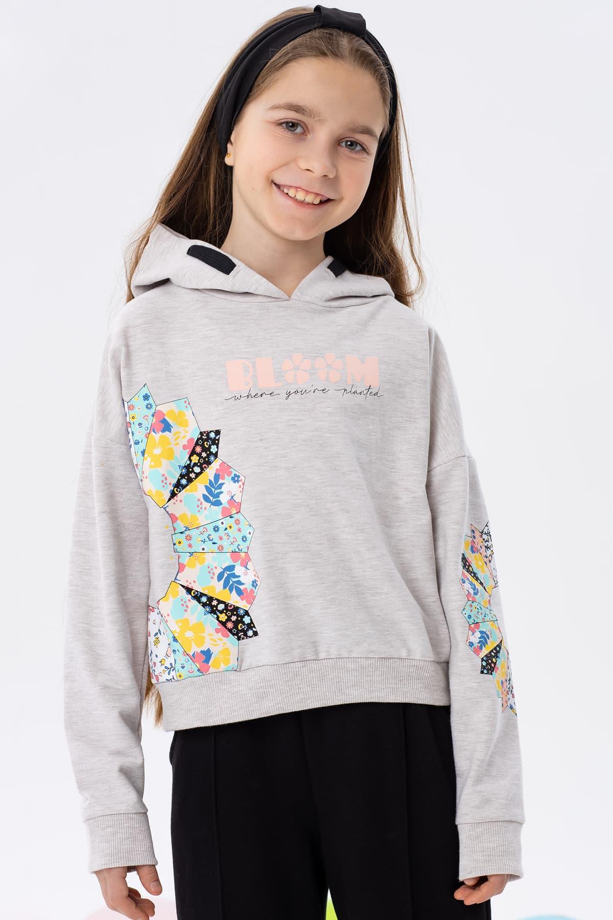 Breeze Kız Çocuk Sweatshirt Renkli Çiçek Baskılı Bej Melanj (8-14 Yaş)