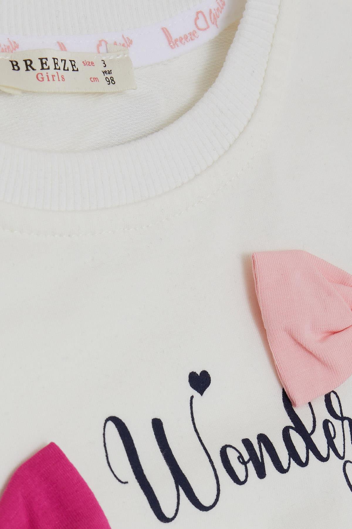 Breeze Kız Çocuk Sweatshirt Renkli Fiyonk Aksesuarlı Yazı Baskılı Ekru (3-8 Yaş)