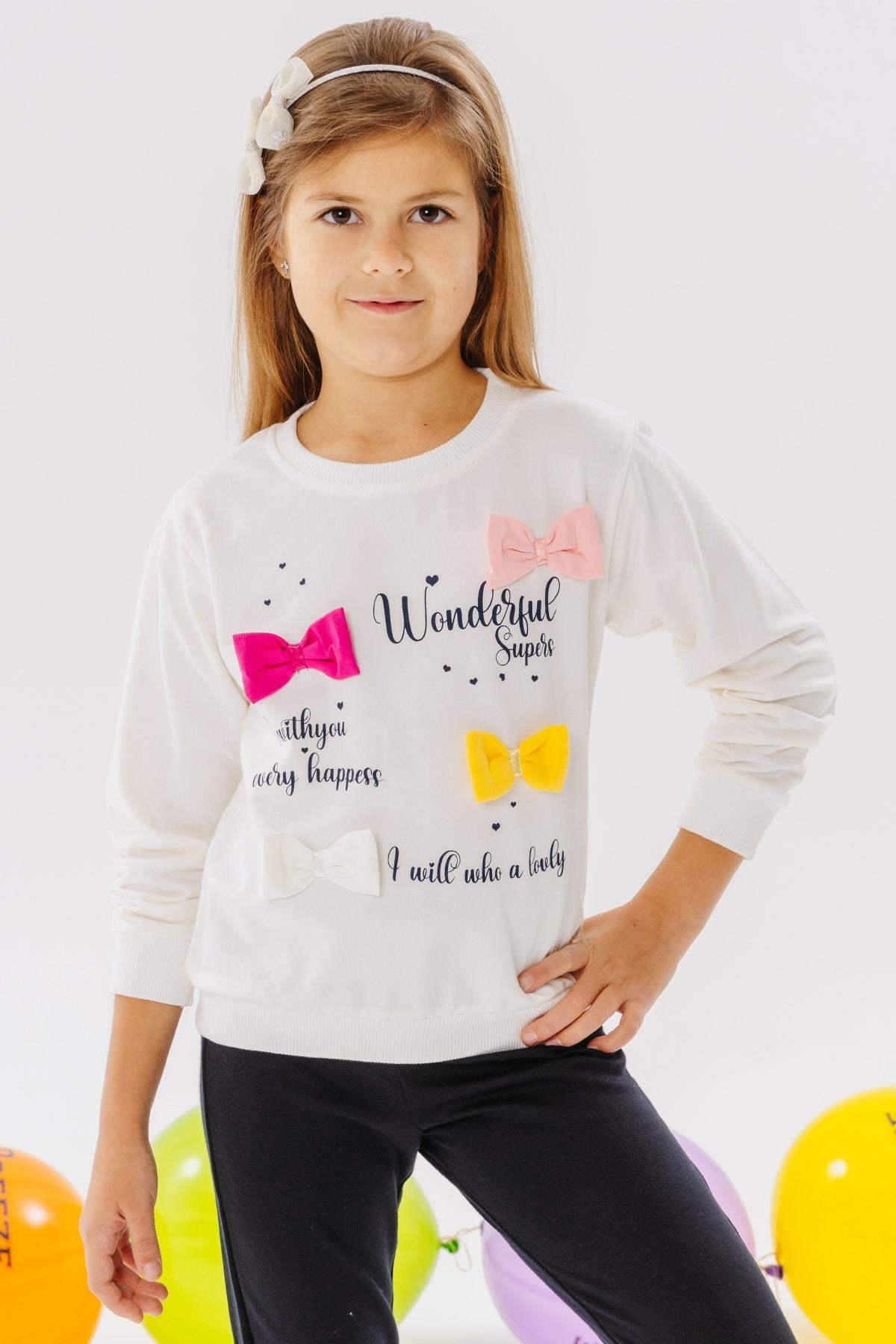 Breeze Kız Çocuk Sweatshirt Renkli Fiyonk Aksesuarlı Yazı Baskılı Ekru (3-4 Yaş)