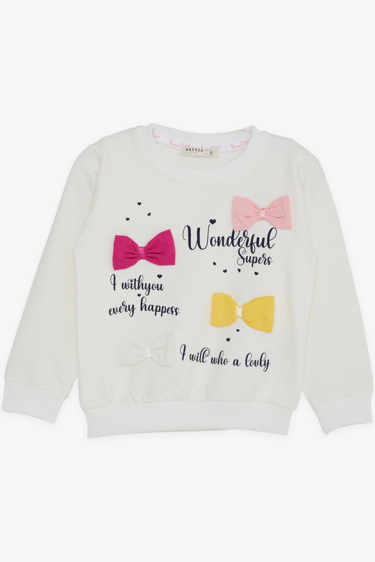 Breeze Kız Çocuk Sweatshirt Renkli Fiyonk Aksesuarlı Yazı Baskılı Ekru (3-8 Yaş)