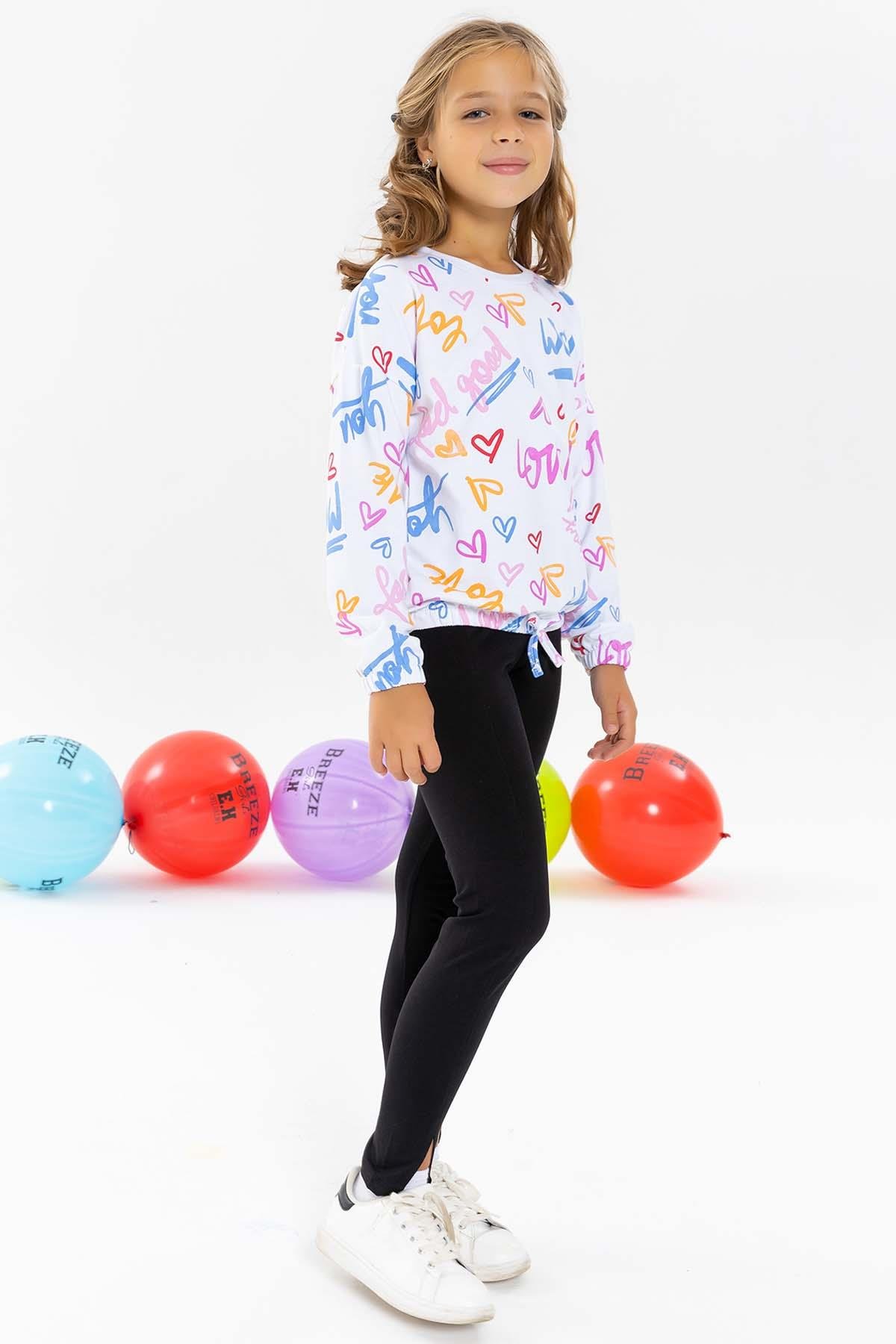 Breeze Kız Çocuk Sweatshirt Renkli Kalp Baskılı Beyaz (8-12 Yaş)