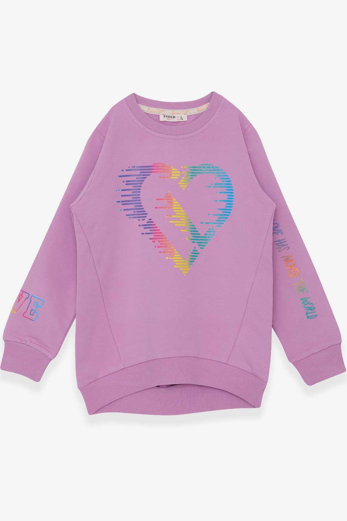 Breeze Kız Çocuk Sweatshirt Renkli Simli Kalp Baskılı Eflatun (6-12 Yaş)