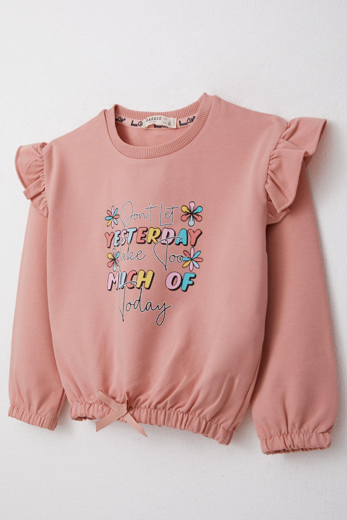 Breeze Kız Çocuk Sweatshirt Renkli Yazı Baskılı Beli Lastikli Gülkurusu (3-7 Yaş)
