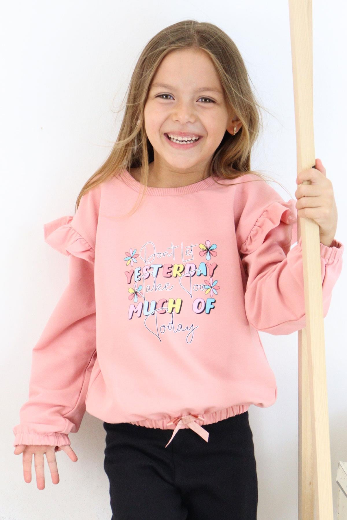 Breeze Kız Çocuk Sweatshirt Renkli Yazı Baskılı Beli Lastikli Gülkurusu (3-7 Yaş)