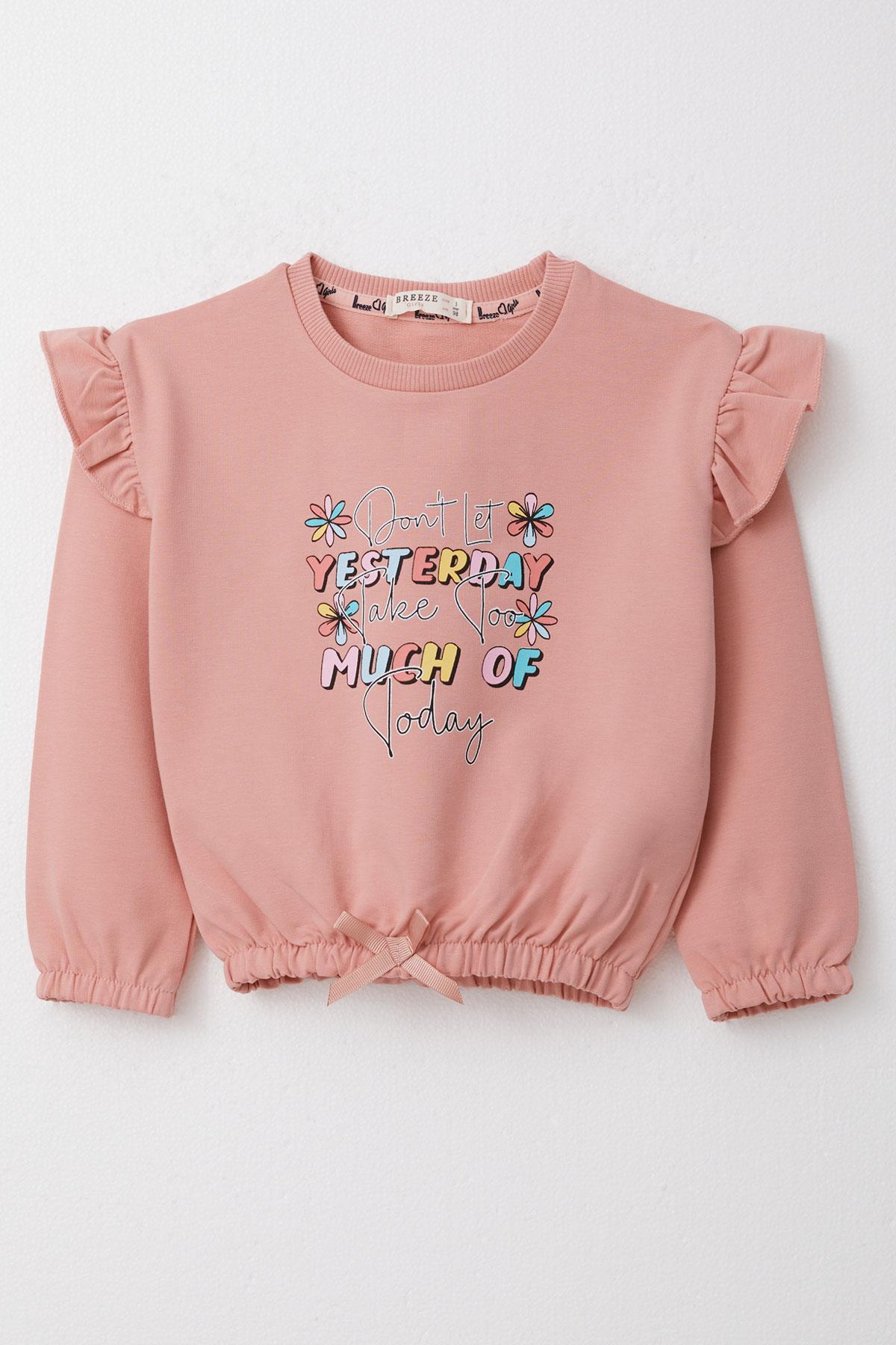 Breeze Kız Çocuk Sweatshirt Renkli Yazı Baskılı Beli Lastikli Gülkurusu (3-7 Yaş)