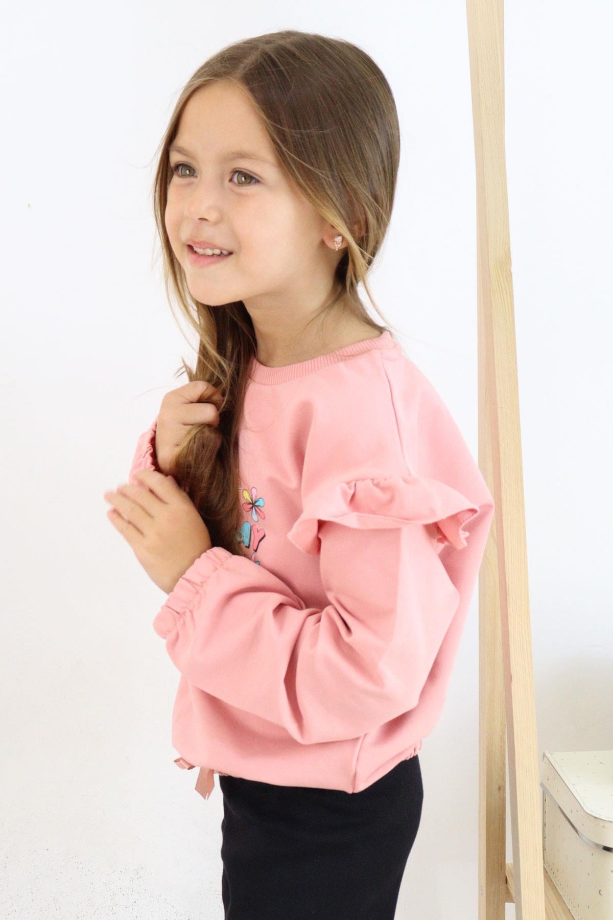 Breeze Kız Çocuk Sweatshirt Renkli Yazı Baskılı Beli Lastikli Gülkurusu (3-7 Yaş)