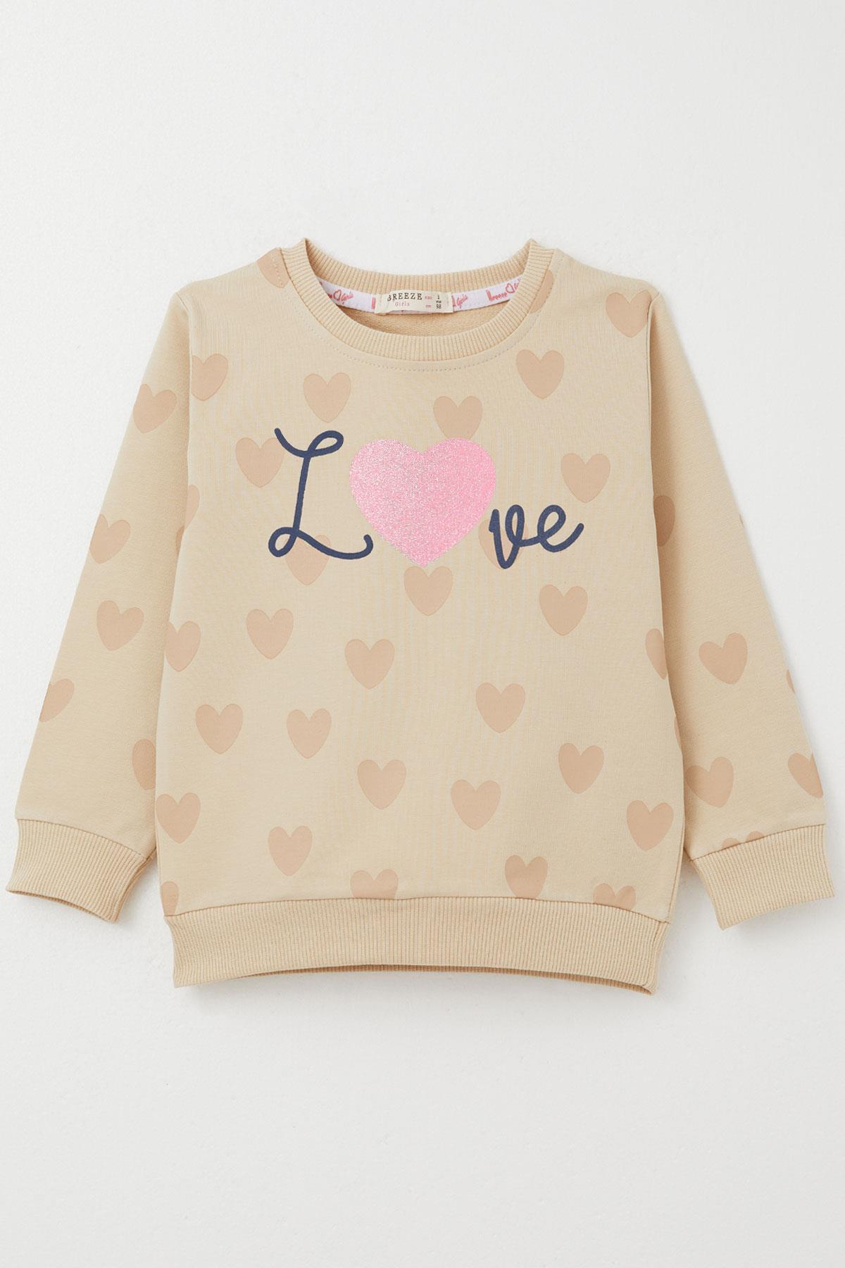 Breeze Kız Çocuk Sweatshirt Sevgi Temalı Kalp Desenli Bej (3-5 Yaş)