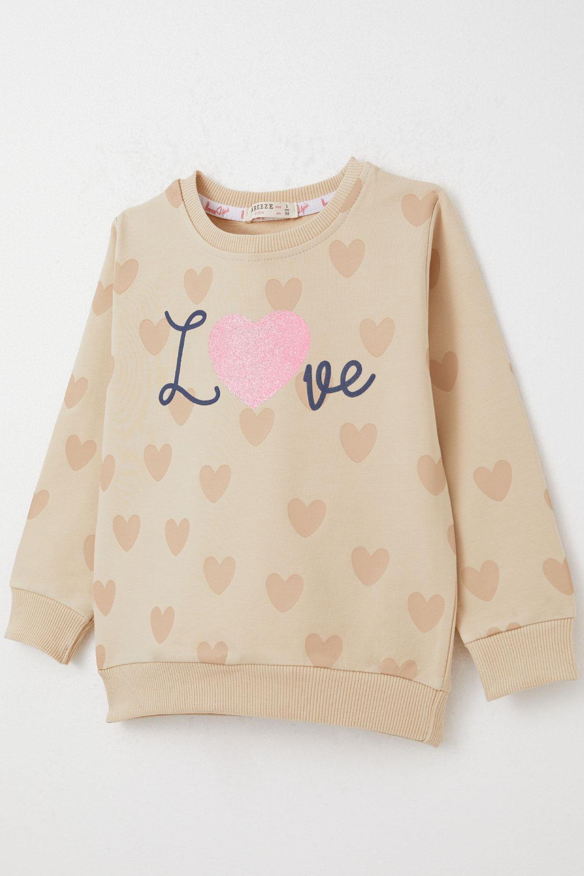 Breeze Kız Çocuk Sweatshirt Sevgi Temalı Kalp Desenli Bej (3-5 Yaş)