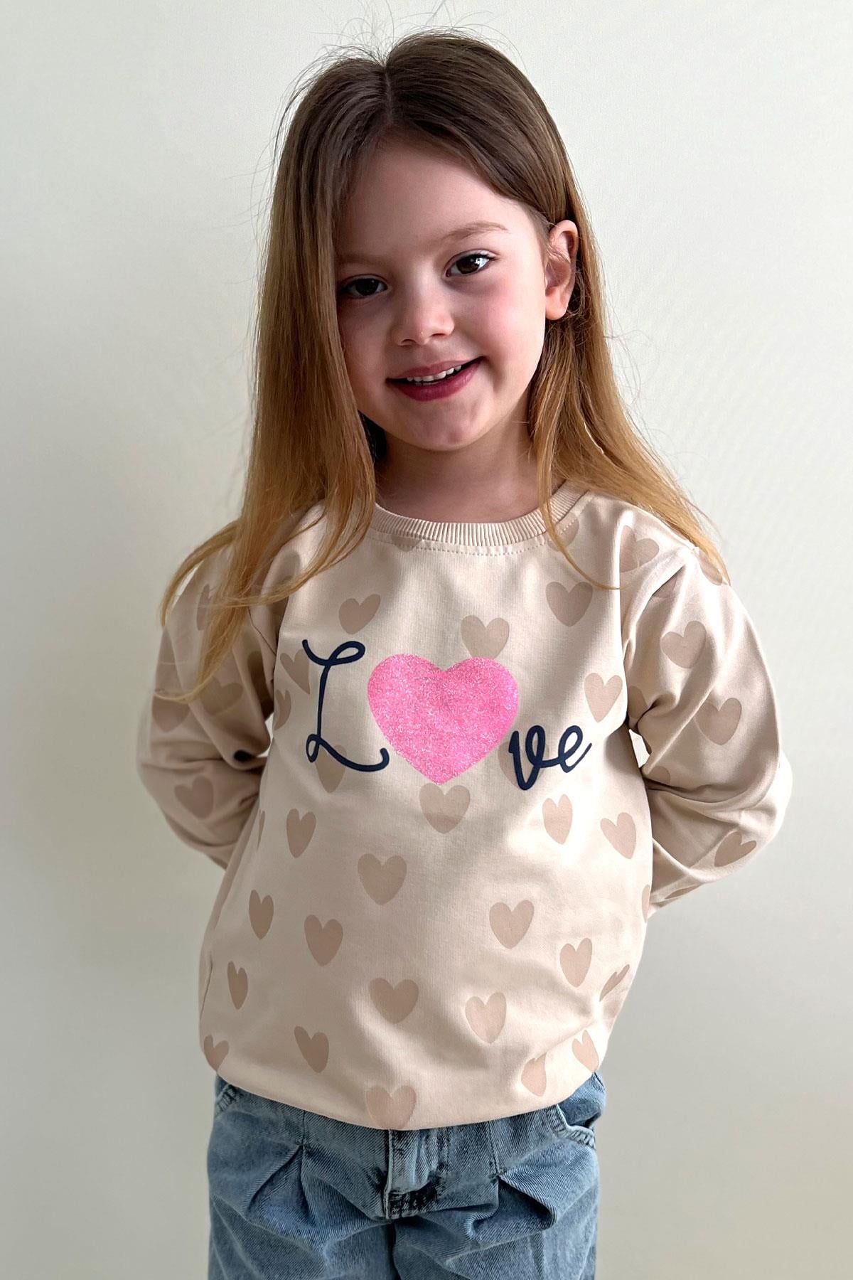 Breeze Kız Çocuk Sweatshirt Sevgi Temalı Kalp Desenli Bej (3-5 Yaş)