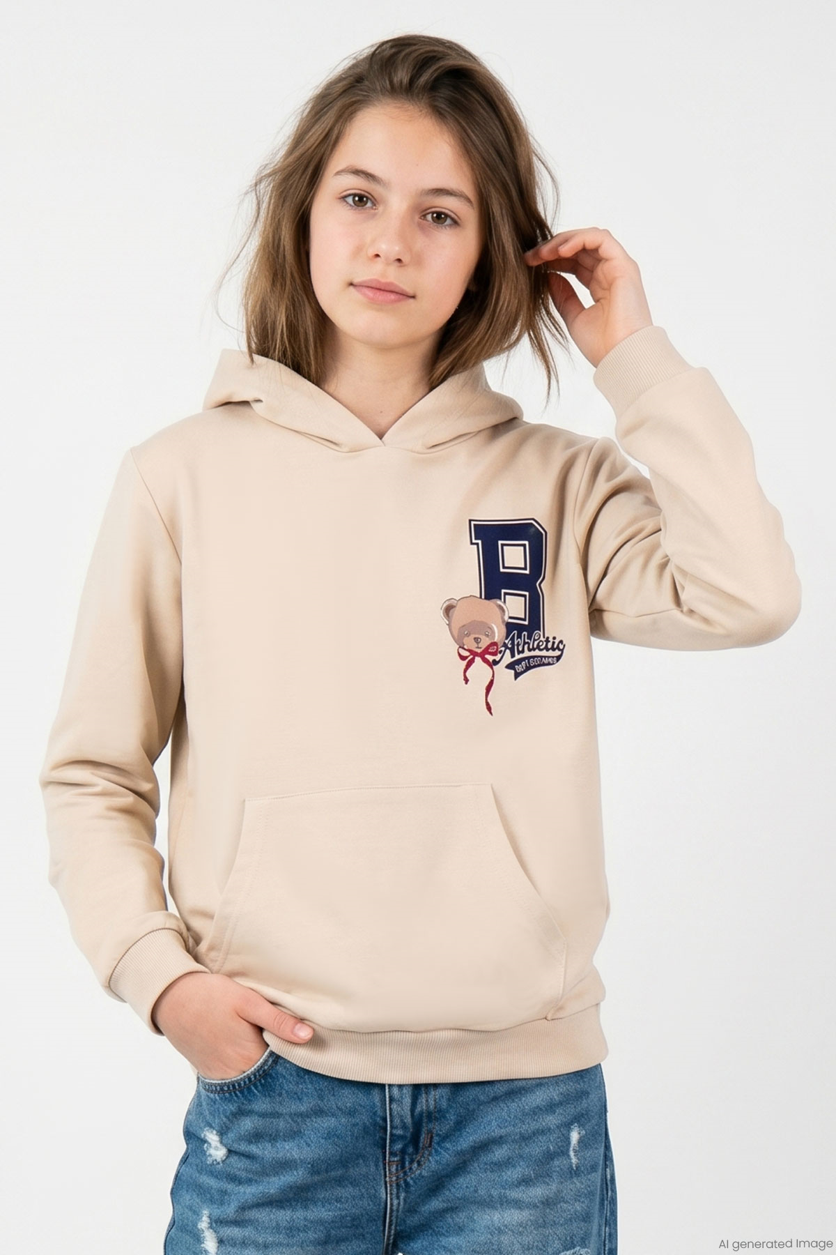 Breeze Kız Çocuk Sweatshirt Sevimli Ayıcıklar Baskılı Sırt Baskı Detaylı Bej (8-14 Yaş)
