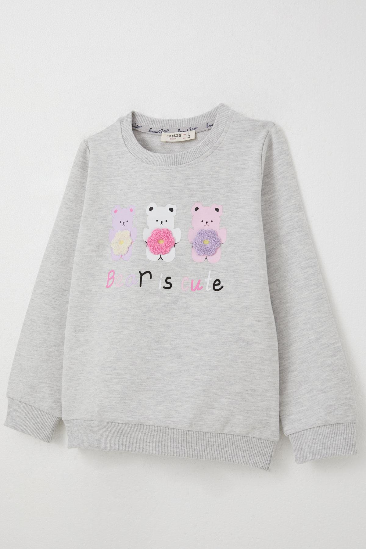 Breeze Kız Çocuk Sweatshirt Sevimli Ayıcıklar Baskılı Açık Gri Melanj (1.5-5 Yaş)