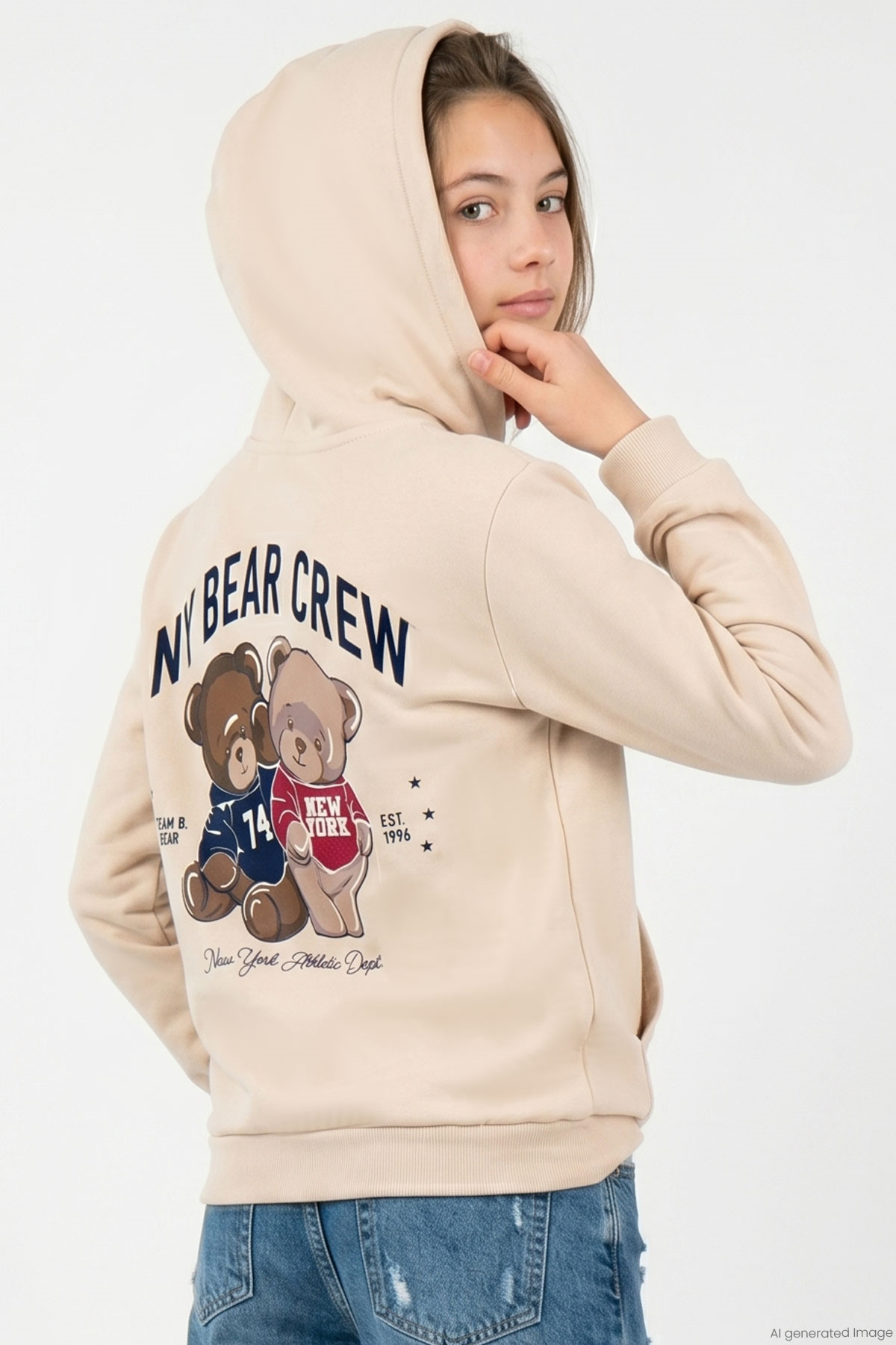 Breeze Kız Çocuk Sweatshirt Sevimli Ayıcıklar Baskılı Sırt Baskı Detaylı Bej (8-14 Yaş)