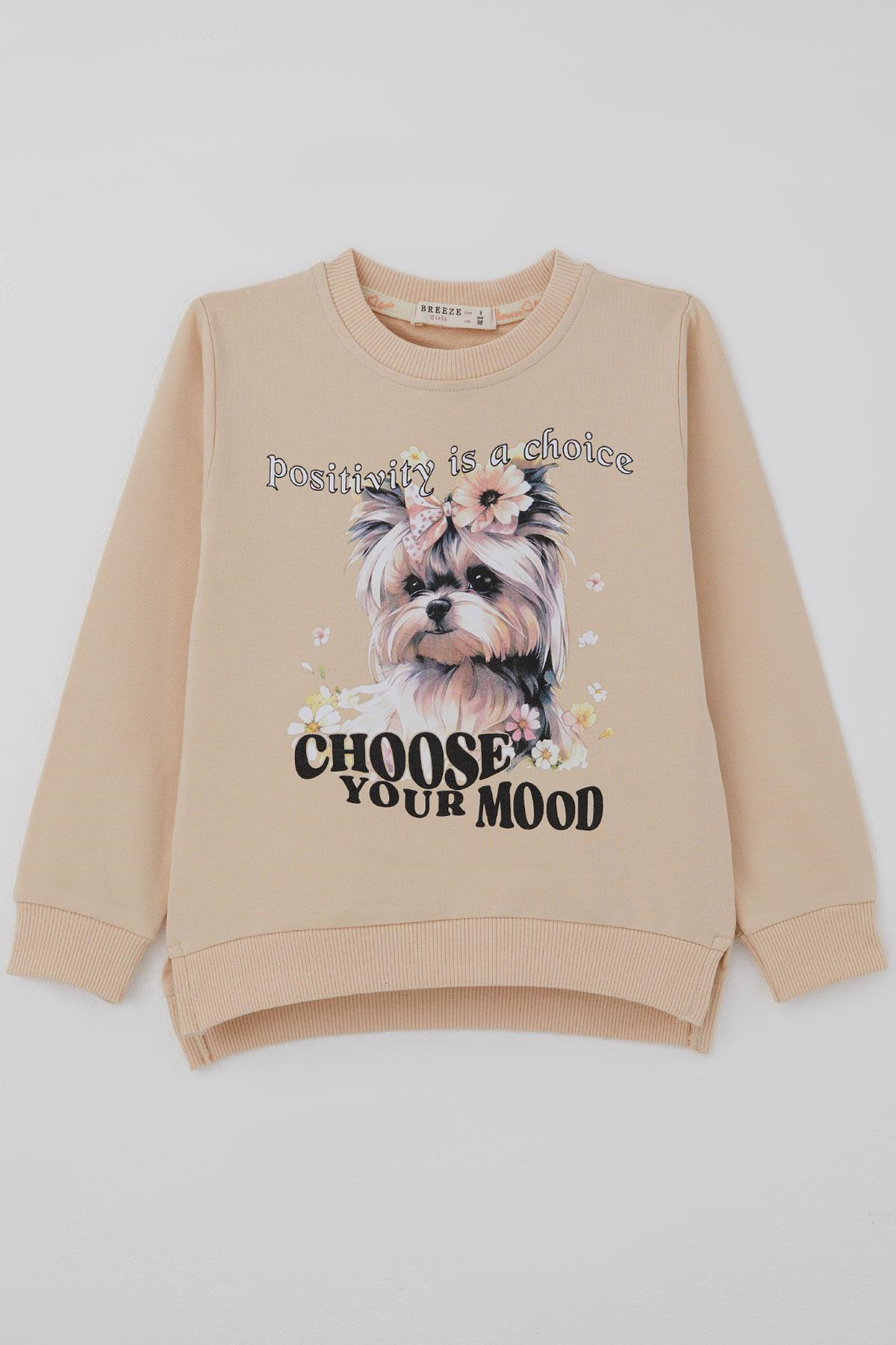 Breeze Kız Çocuk Sweatshirt Sevimli Köpekçik Baskılı Fiyonklu Yazı Baskılı Bej (3-8 Yaş)