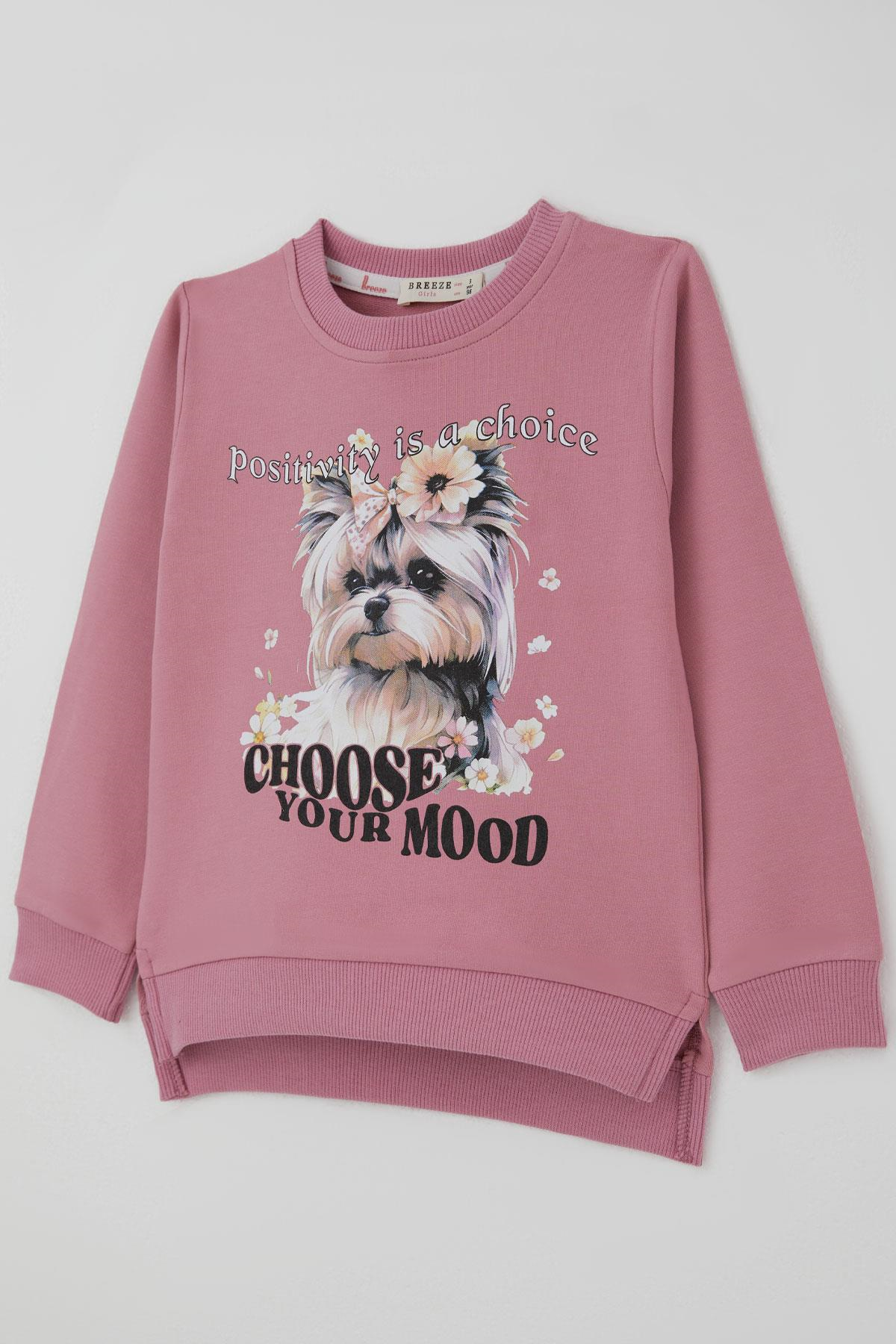 Breeze Kız Çocuk Sweatshirt Sevimli Köpekçik Baskılı Fiyonklu Yazı Baskılı Gülkurusu (3-8 Yaş)