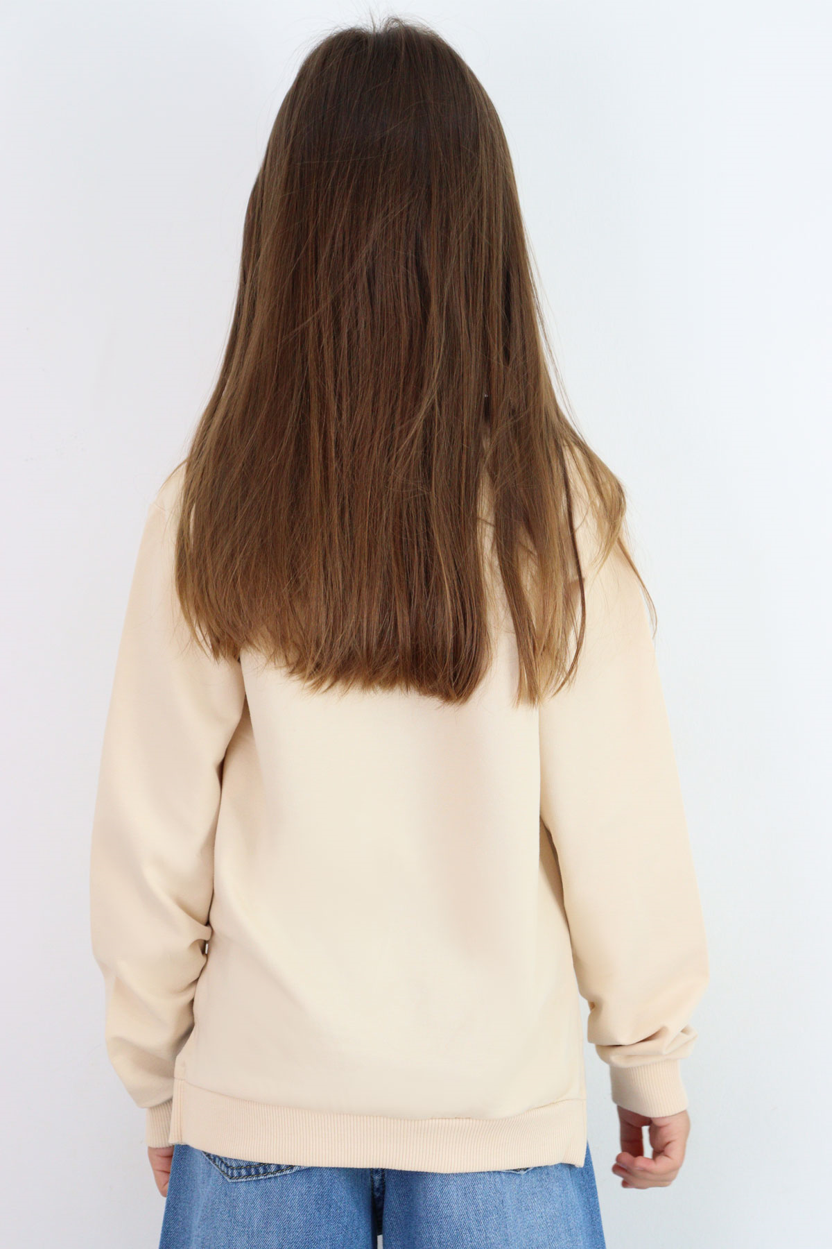 Breeze Kız Çocuk Sweatshirt Sevimli Köpekçik Baskılı Fiyonklu Yazı Baskılı Bej (3-8 Yaş)