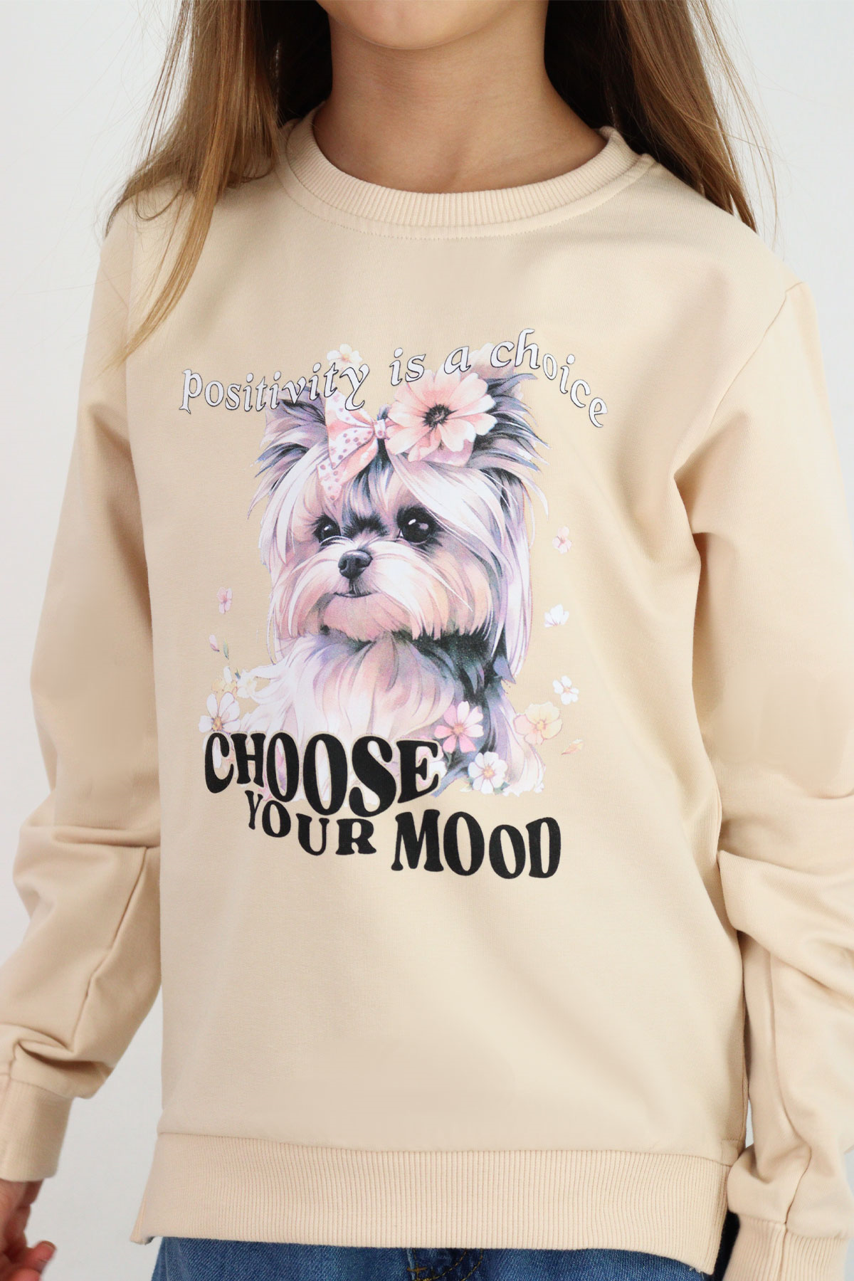 Breeze Kız Çocuk Sweatshirt Sevimli Köpekçik Baskılı Fiyonklu Yazı Baskılı Bej (3-8 Yaş)