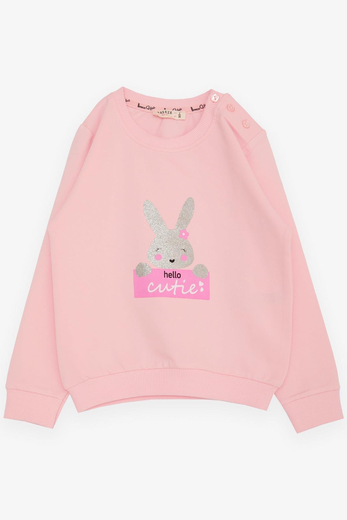 Breeze Kız Çocuk Sweatshirt Sevimli Simli Tavşancık Baskılı Pembe (1.5-5 Yaş)