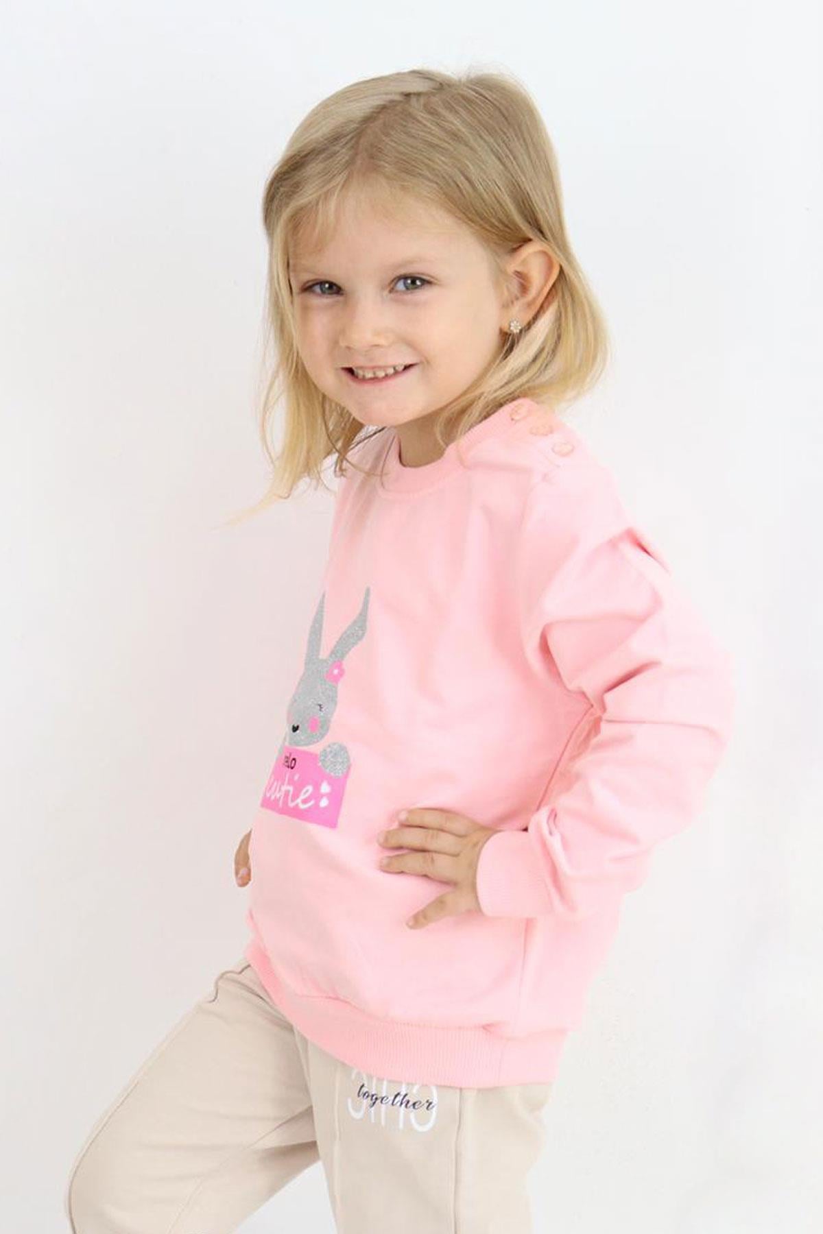 Breeze Kız Çocuk Sweatshirt Sevimli Simli Tavşancık Baskılı Pembe (1.5-5 Yaş)