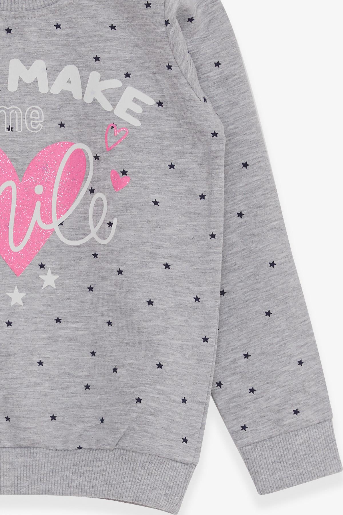 Breeze Kız Çocuk Sweatshirt Simli Kalp Baskılı Gri Melanj (2-6 Yaş)