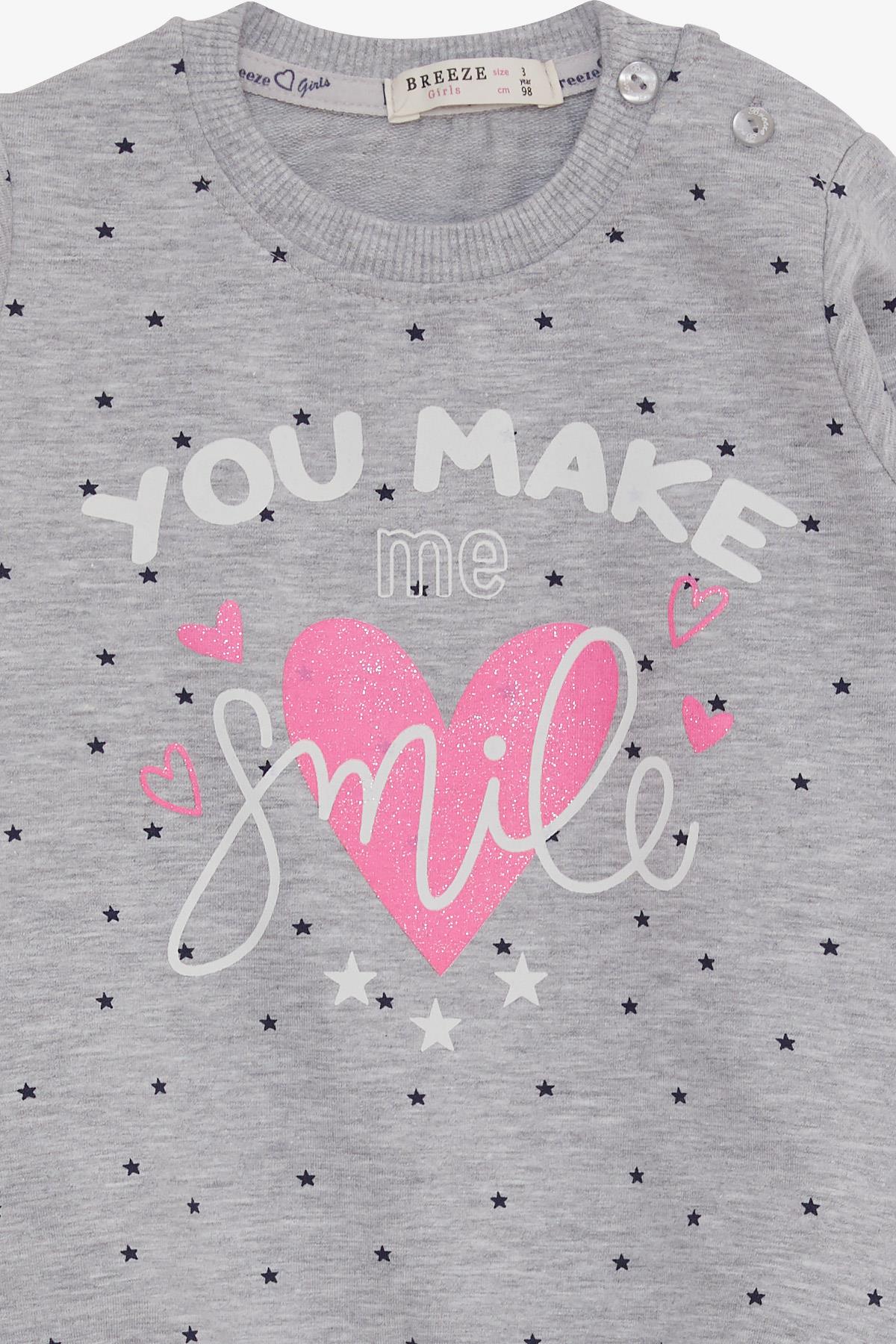 Breeze Kız Çocuk Sweatshirt Simli Kalp Baskılı Gri Melanj (2-6 Yaş)