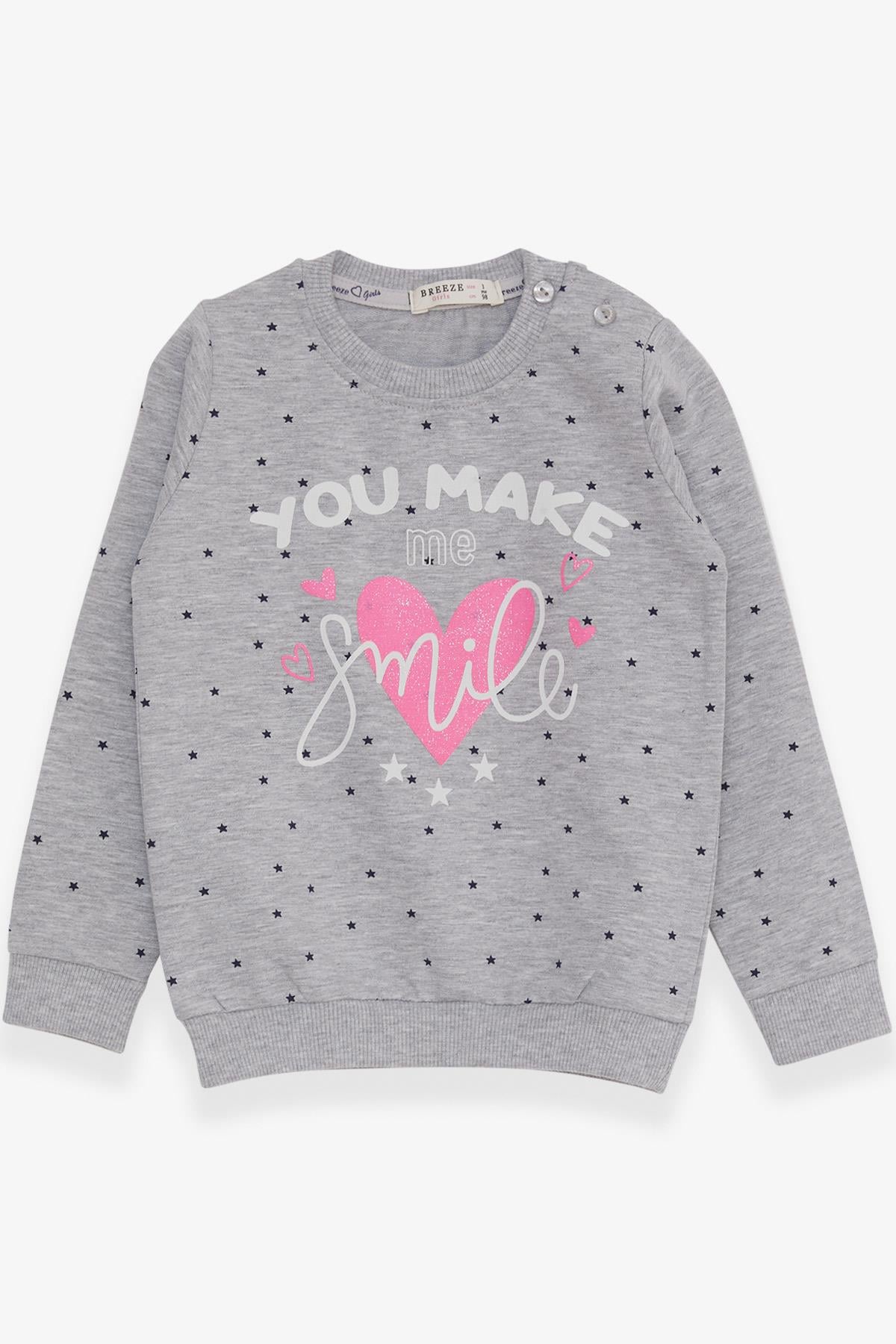 Breeze Kız Çocuk Sweatshirt Simli Kalp Baskılı Gri Melanj (2-6 Yaş)