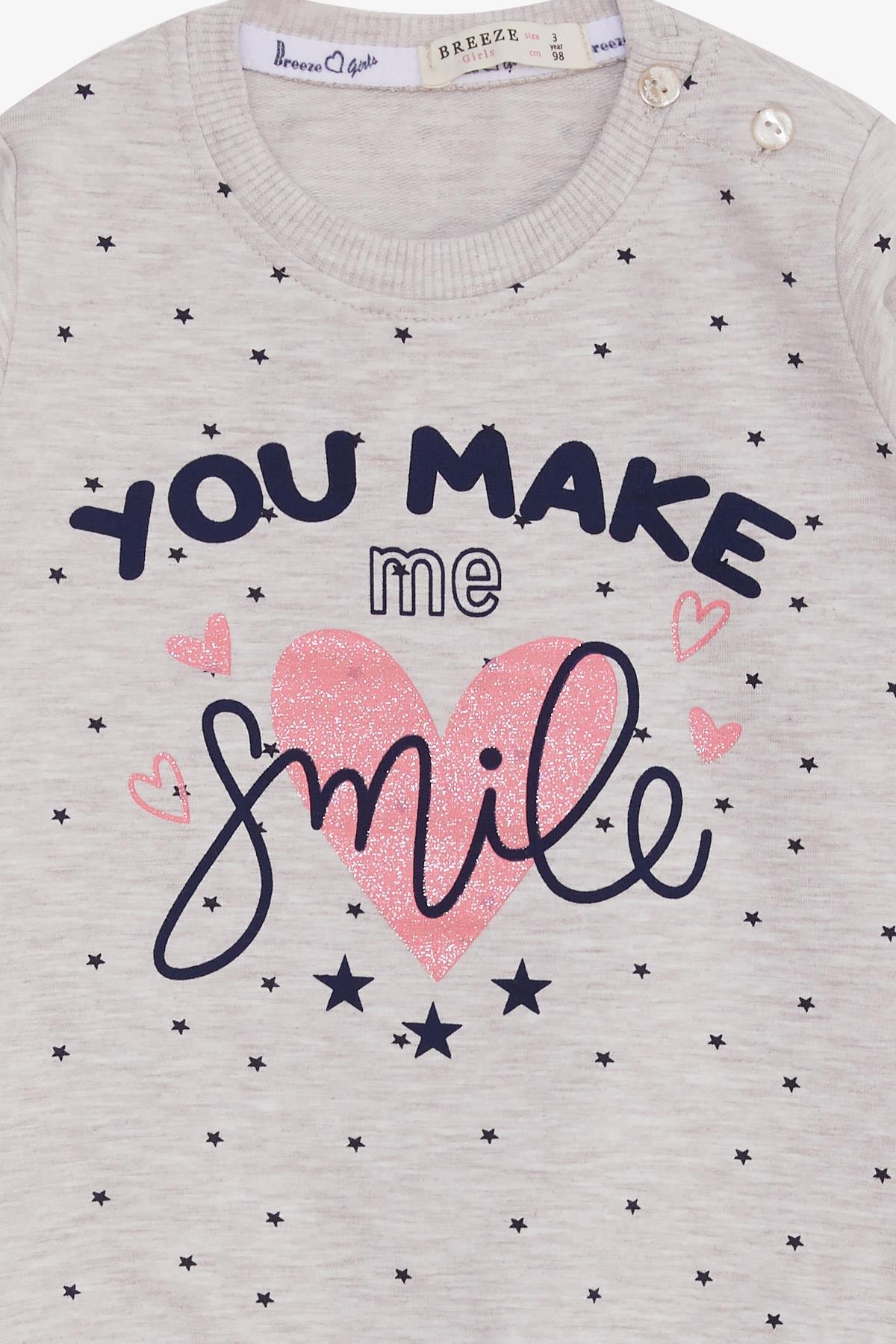 Breeze Kız Çocuk Sweatshirt Simli Kalp Baskılı Bej Melanj (2-6 Yaş)