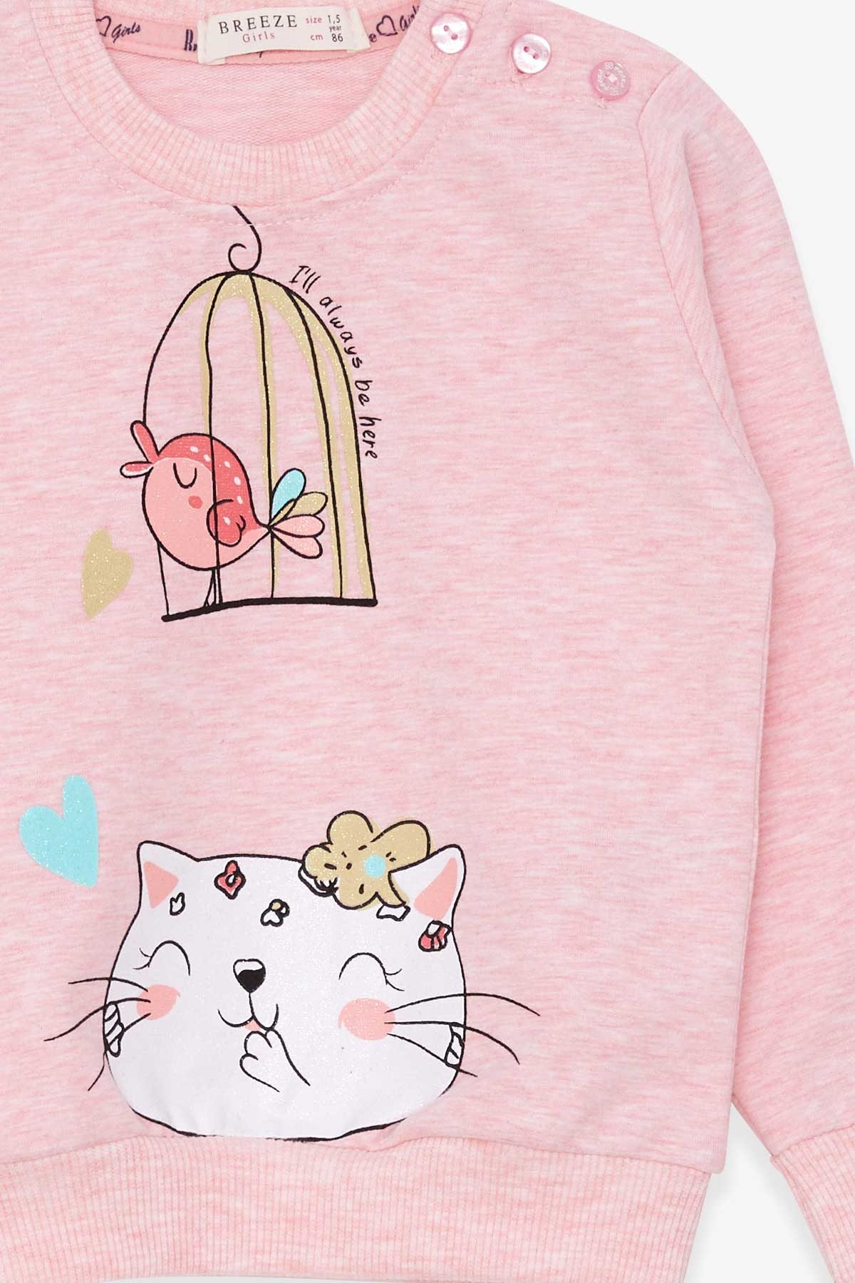 Breeze Kız Çocuk Sweatshirt Simli Kedicik Baskılı Somon Melanj (1.5-5 Yaş)