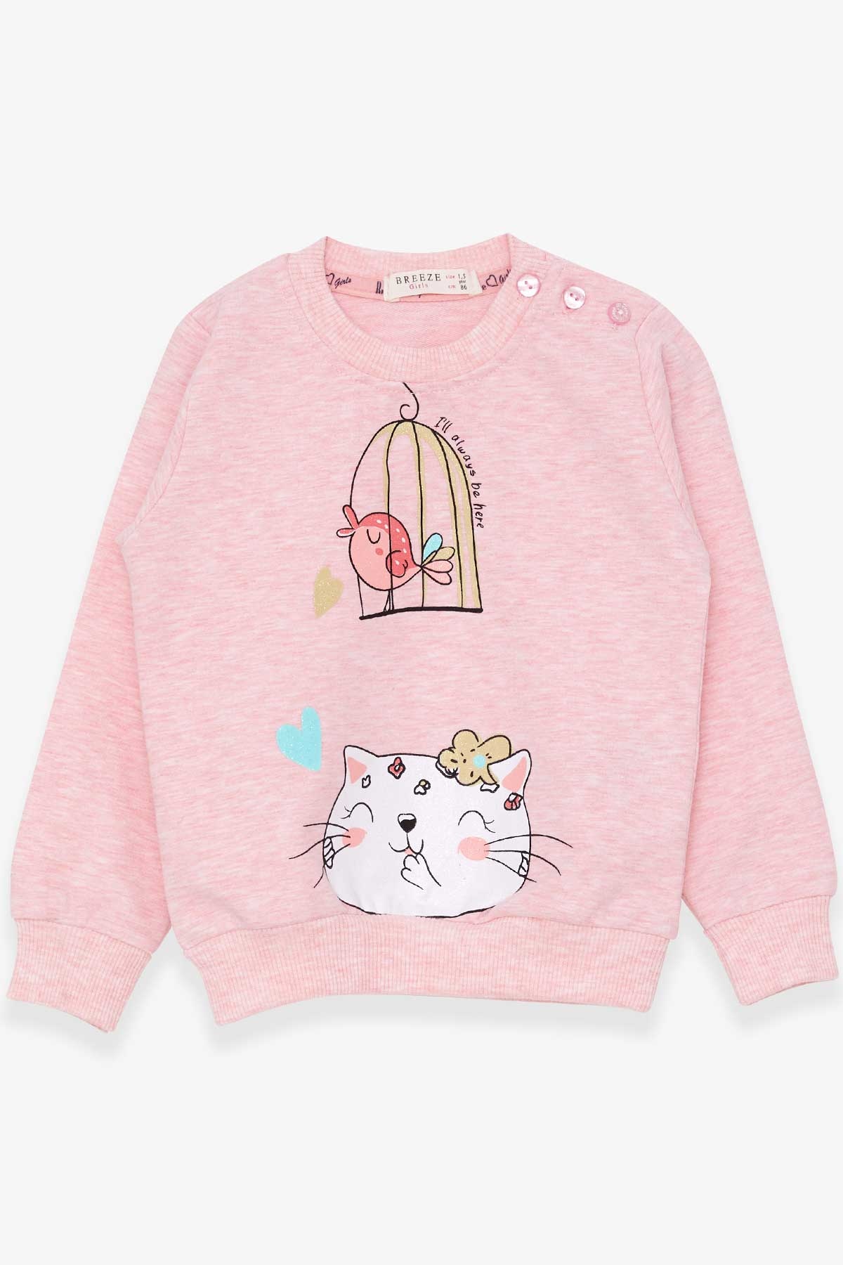 Breeze Kız Çocuk Sweatshirt Simli Kedicik Baskılı Somon Melanj (1.5-5 Yaş)