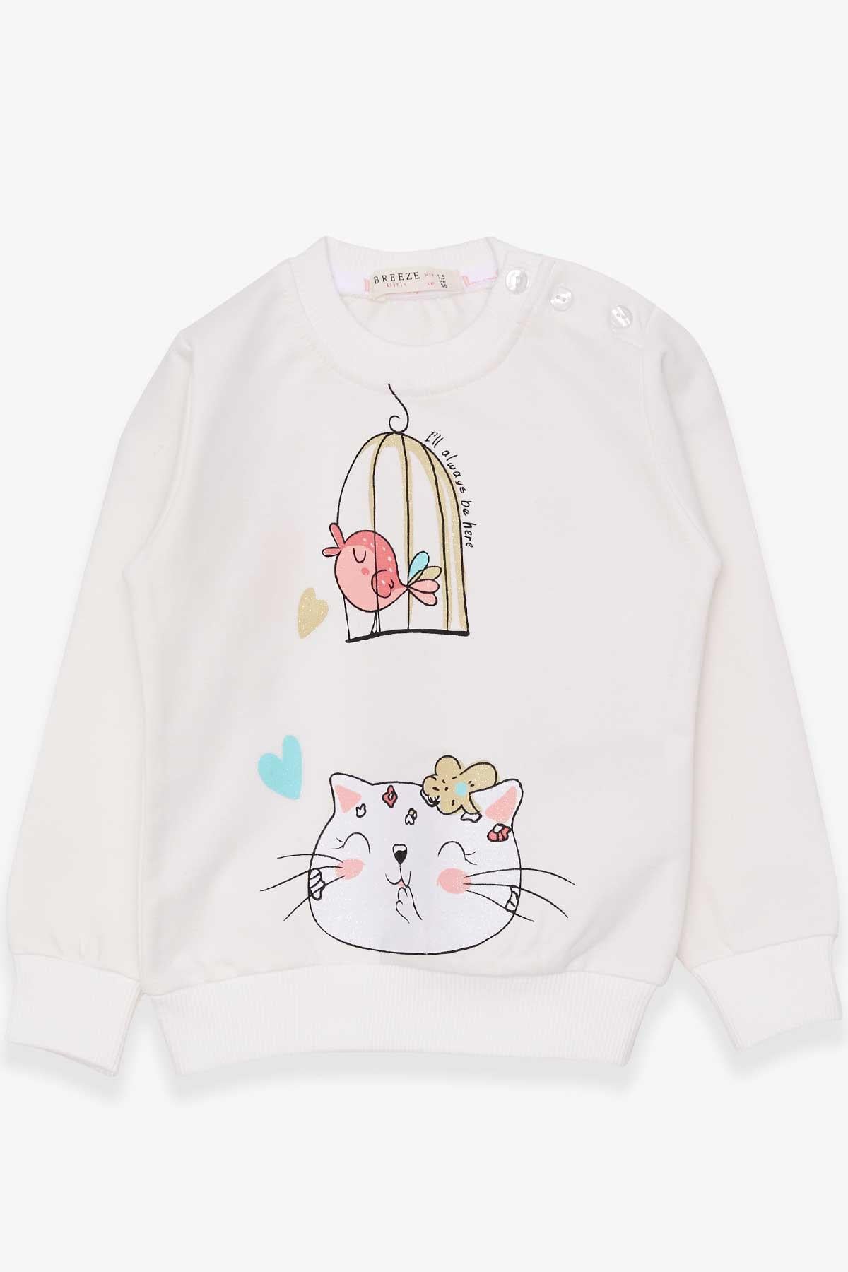 Breeze Kız Çocuk Sweatshirt Simli Kedicik Baskılı Ekru (1.5-5 Yaş)