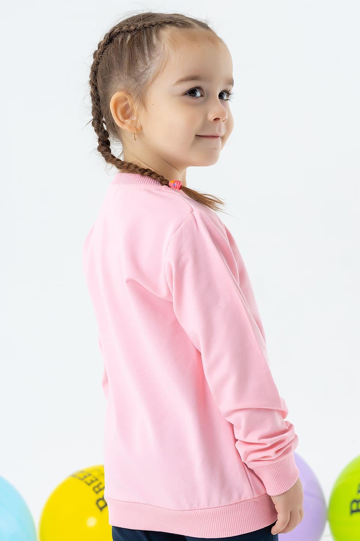 Breeze Kız Çocuk Sweatshirt Simli Kedicik Baskılı Pudra (1.5-4 Yaş)
