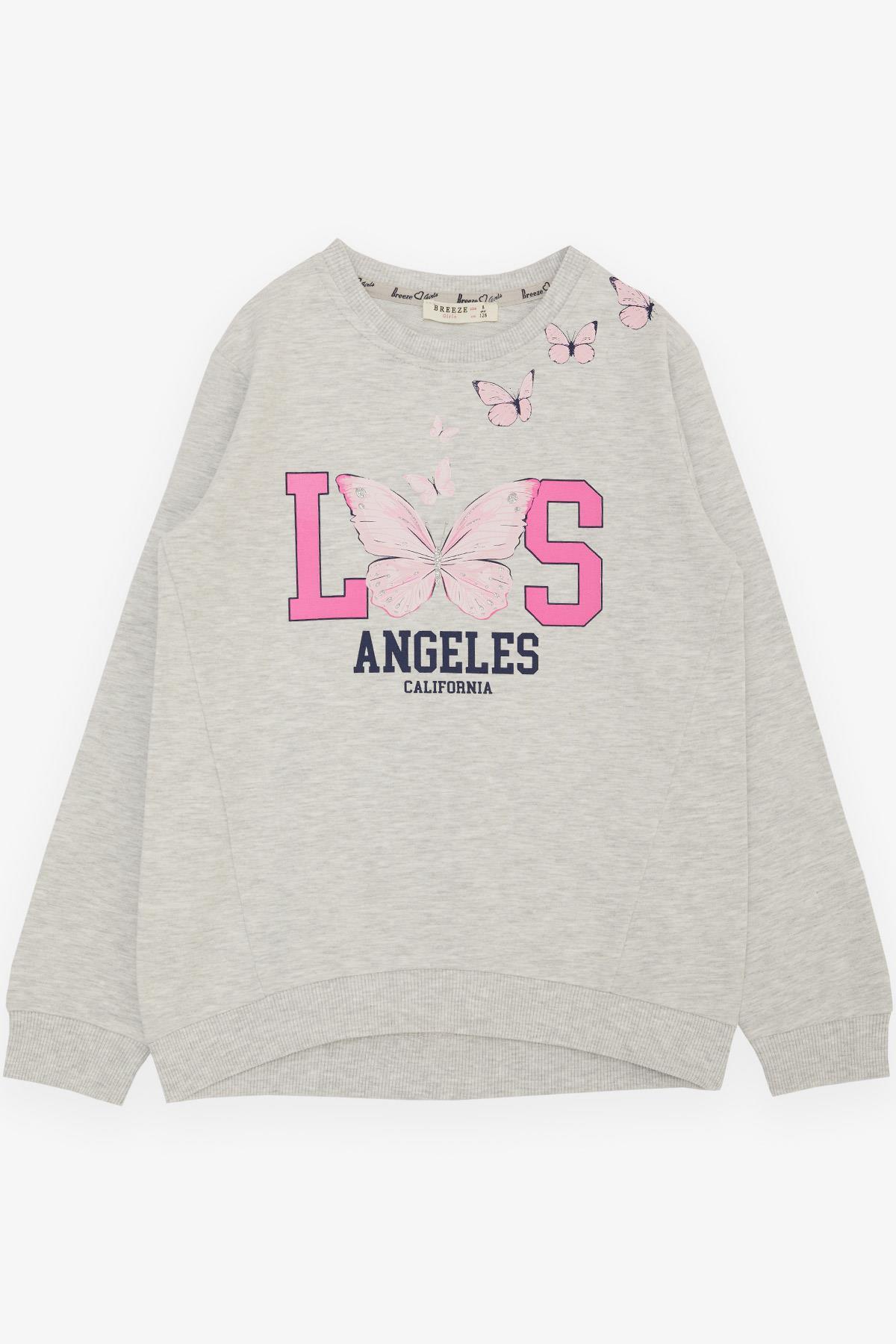 Breeze Kız Çocuk Sweatshirt Simli Kelebek Baskılı Açık Gri Melanj (9-12 Yaş)