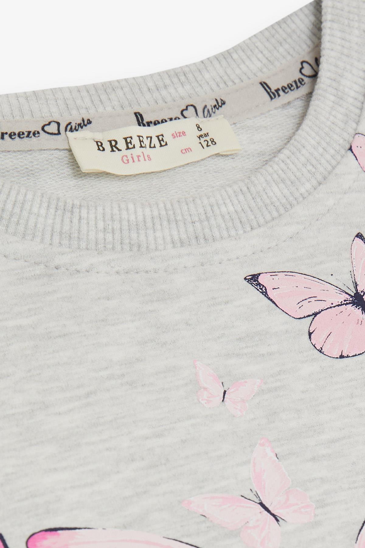 Breeze Kız Çocuk Sweatshirt Simli Kelebek Baskılı Açık Gri Melanj (9-12 Yaş)