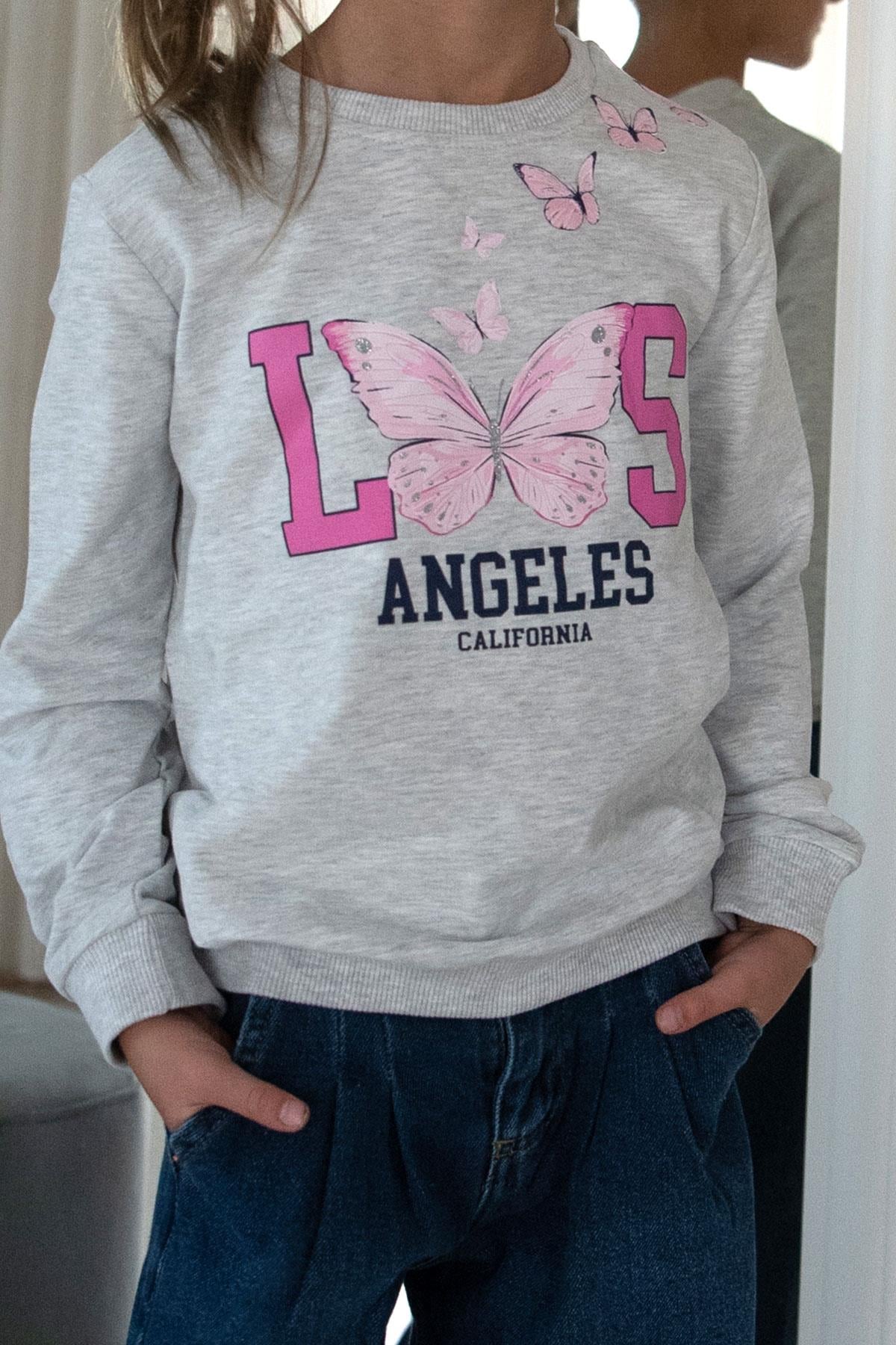 Breeze Kız Çocuk Sweatshirt Simli Kelebek Baskılı Açık Gri Melanj (9-12 Yaş)