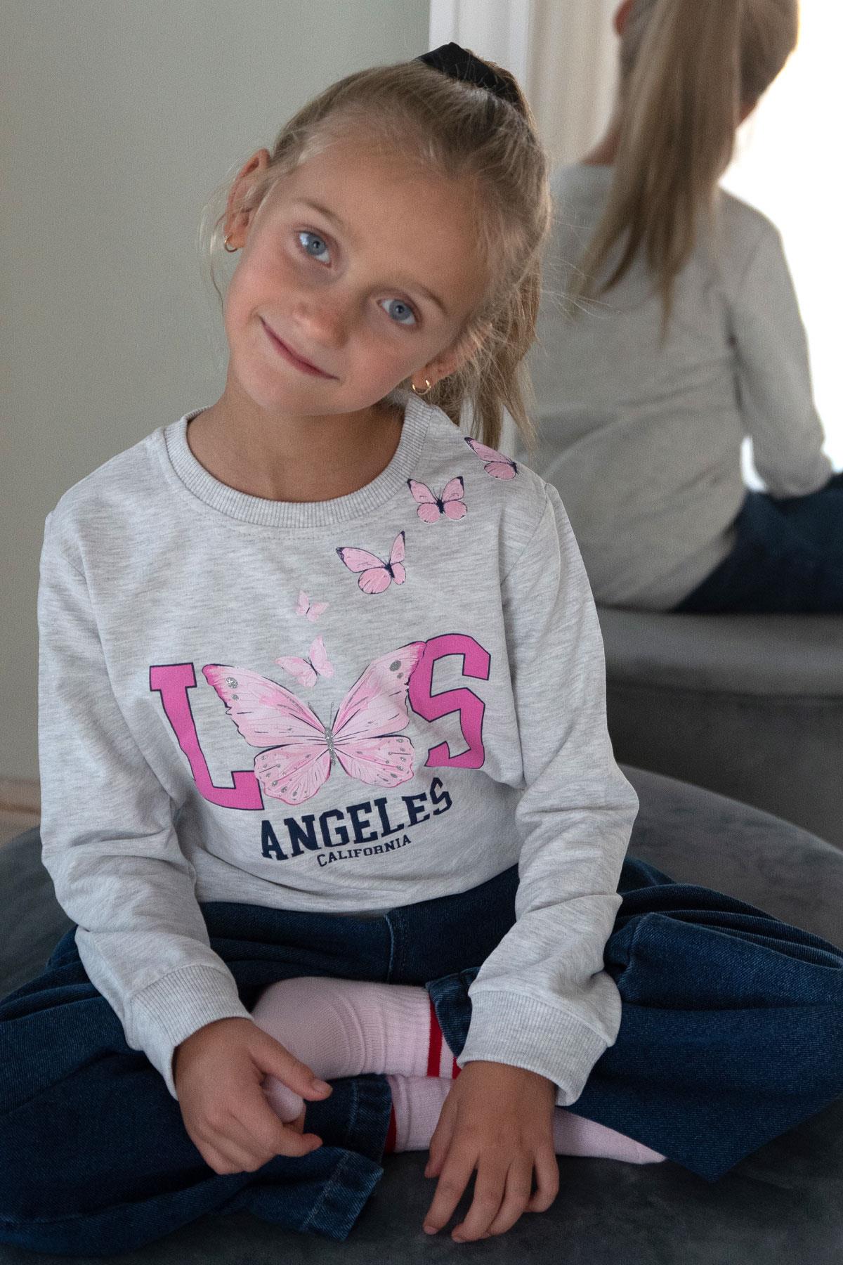 Breeze Kız Çocuk Sweatshirt Simli Kelebek Baskılı Açık Gri Melanj (9-12 Yaş)