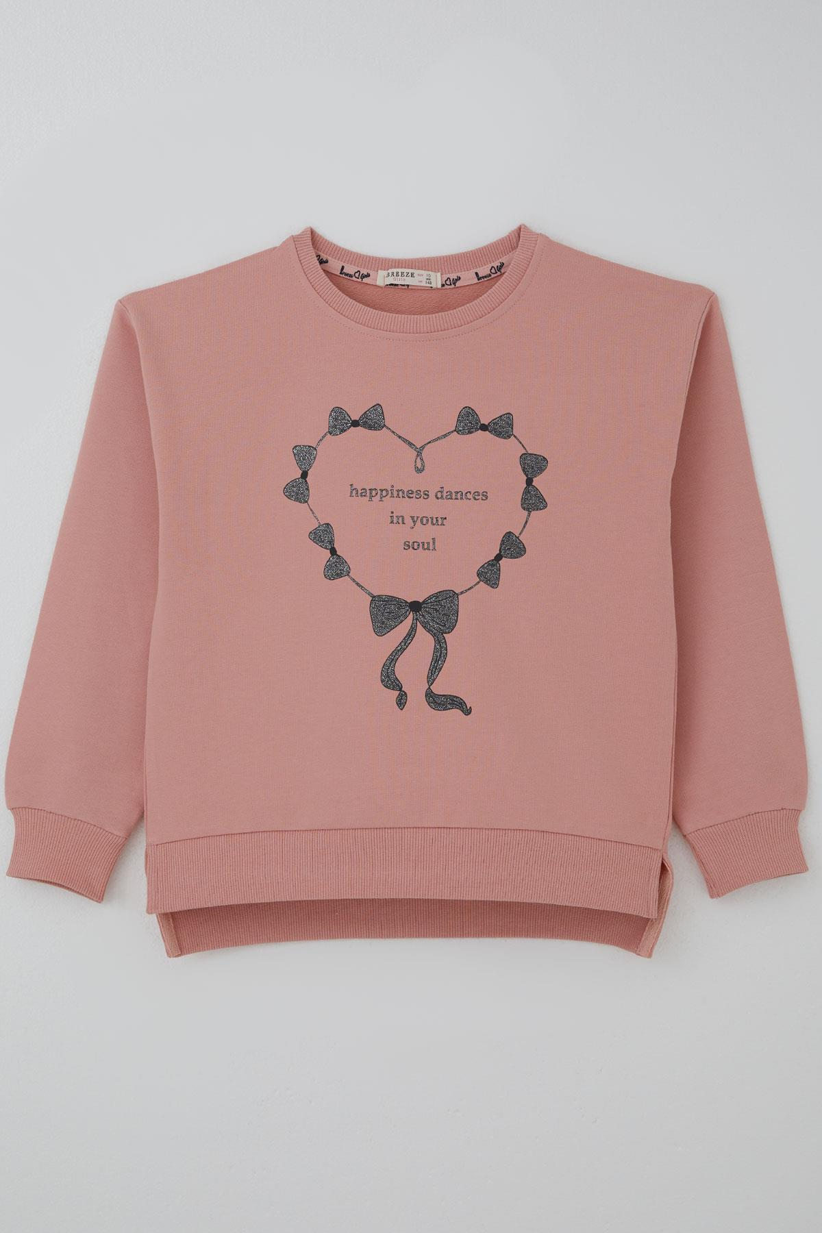 Breeze Kız Çocuk Sweatshirt Simli Kurdeleli Kalp Baskılı Gülkurusu (9-14 Yaş)