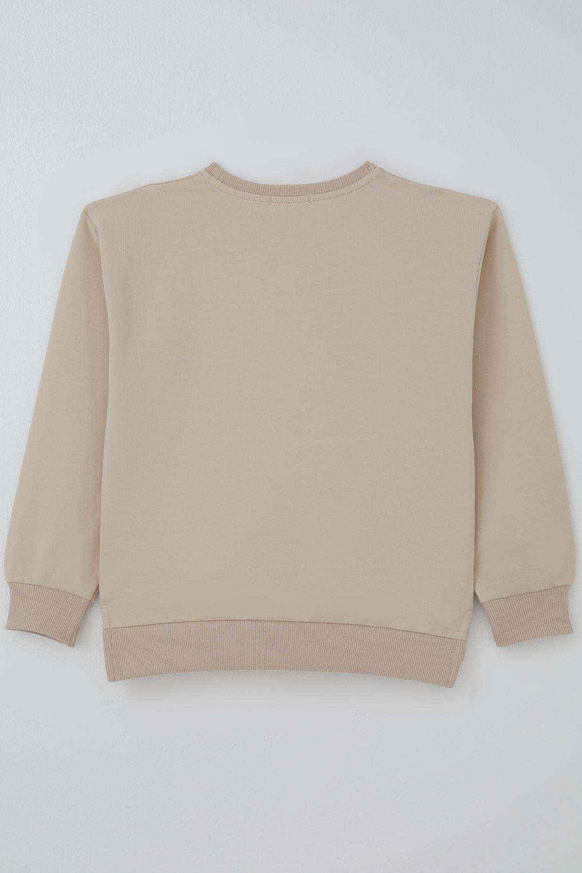 Breeze Kız Çocuk Sweatshirt Simli Kurdeleli Kalp Baskılı Bej (9-14 Yaş)